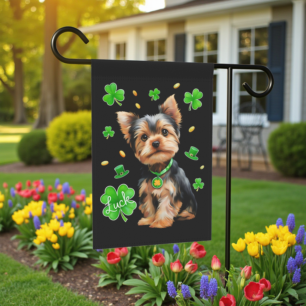 Luck Yorkshire Terrier St. Patrick's Day Garden Flag - front view - Dragonfire Gardens