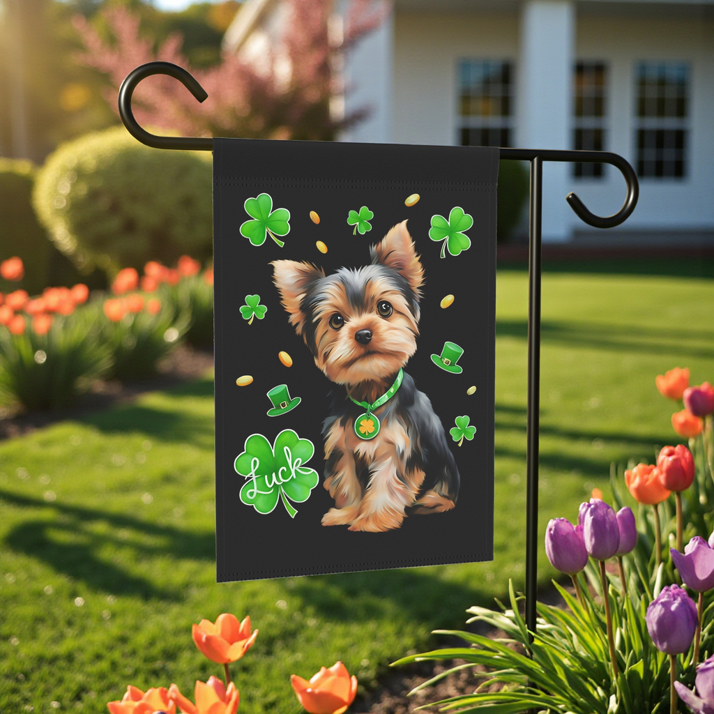 Luck Yorkshire Terrier St. Patrick's Day Garden Flag - size comparison - Dragonfire Gardens