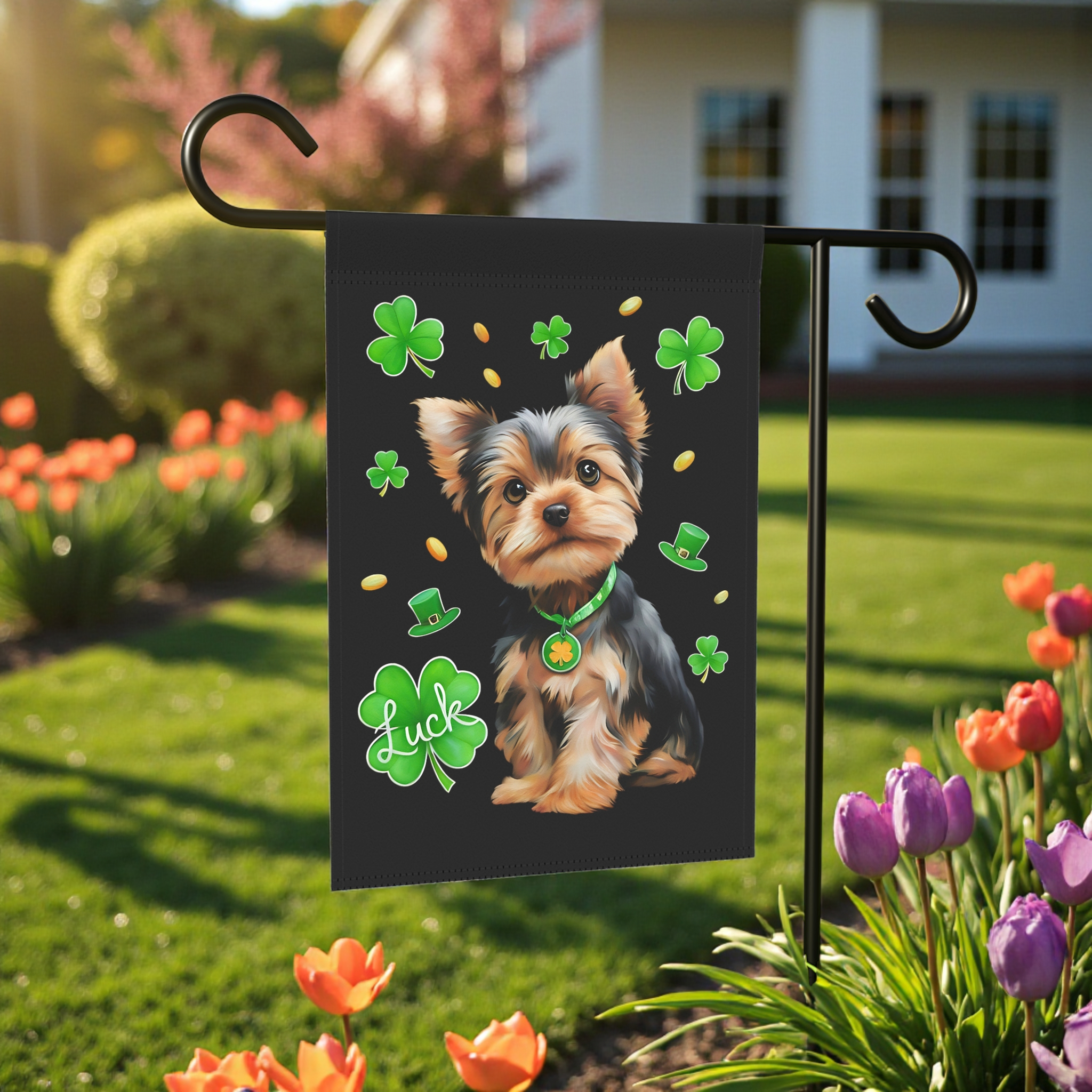 Luck Yorkshire Terrier St. Patrick's Day Garden Flag - size comparison - Dragonfire Gardens