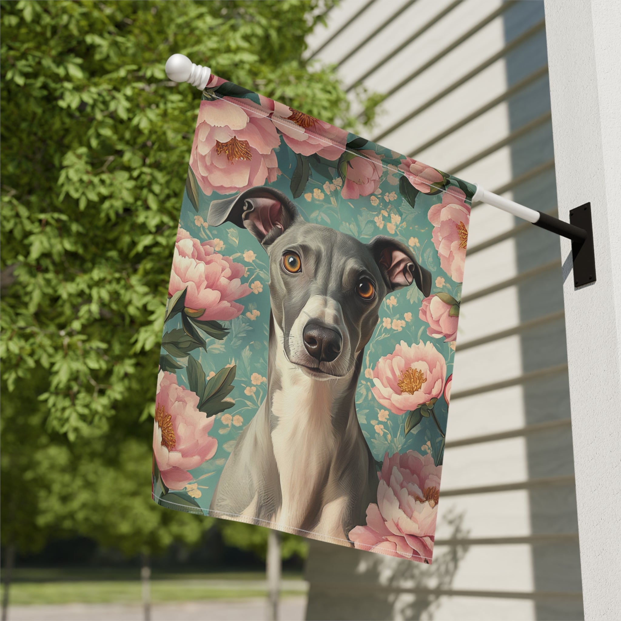 Pink Peony Greyhound Garden Flag - close-up detail - Dragonfire Gardens