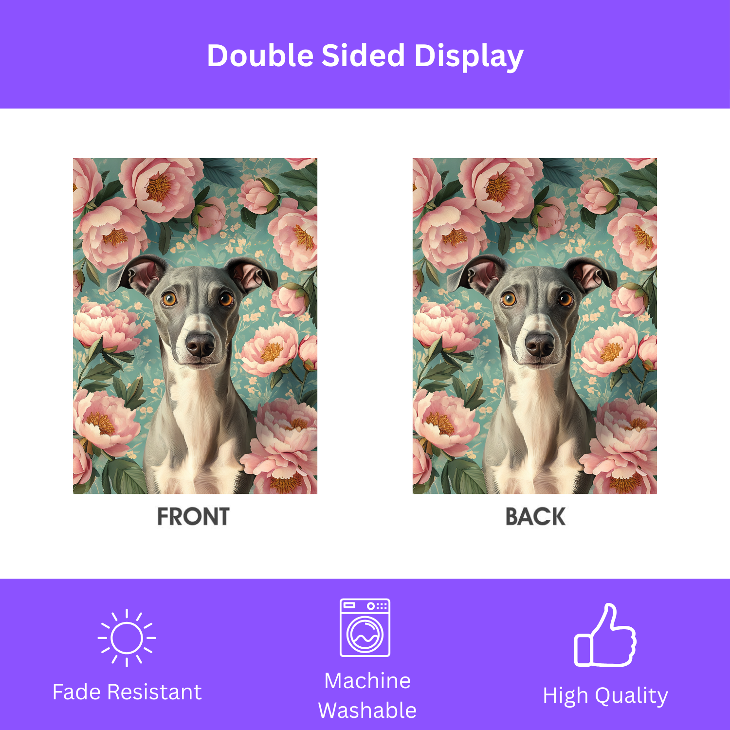 Pink Peony Greyhound Garden Flag - double-sided design - Dragonfire Gardens
