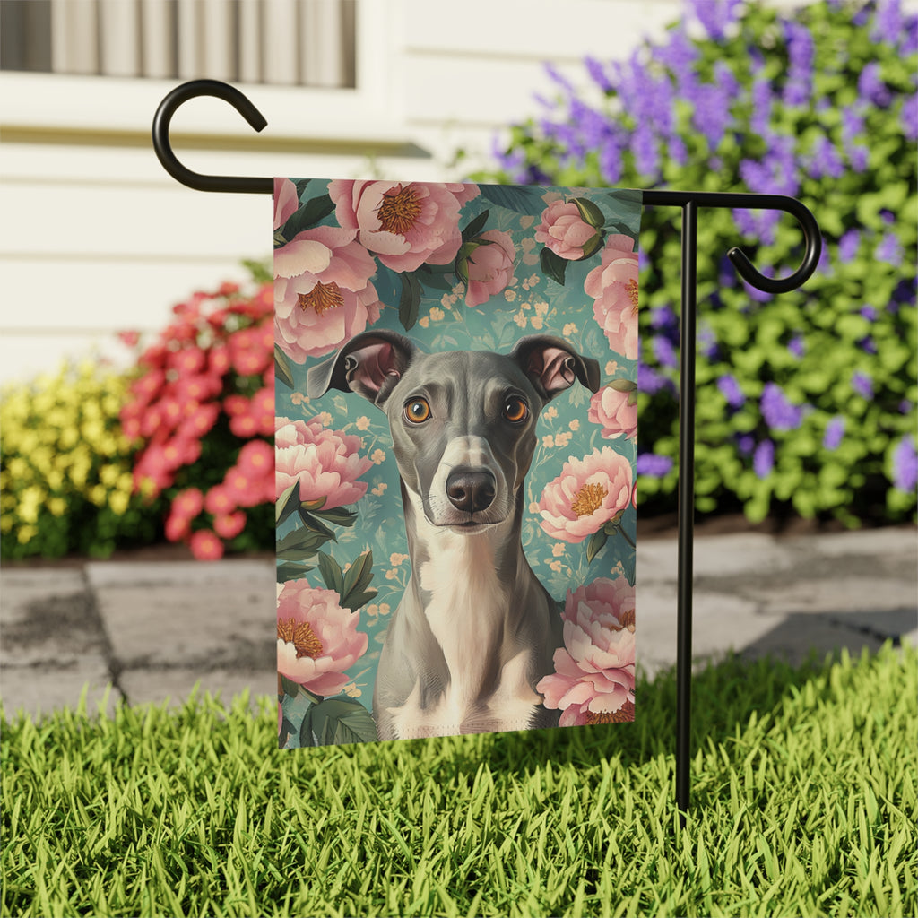 Pink Peony Greyhound Garden Flag - outdoor display - Dragonfire Gardens