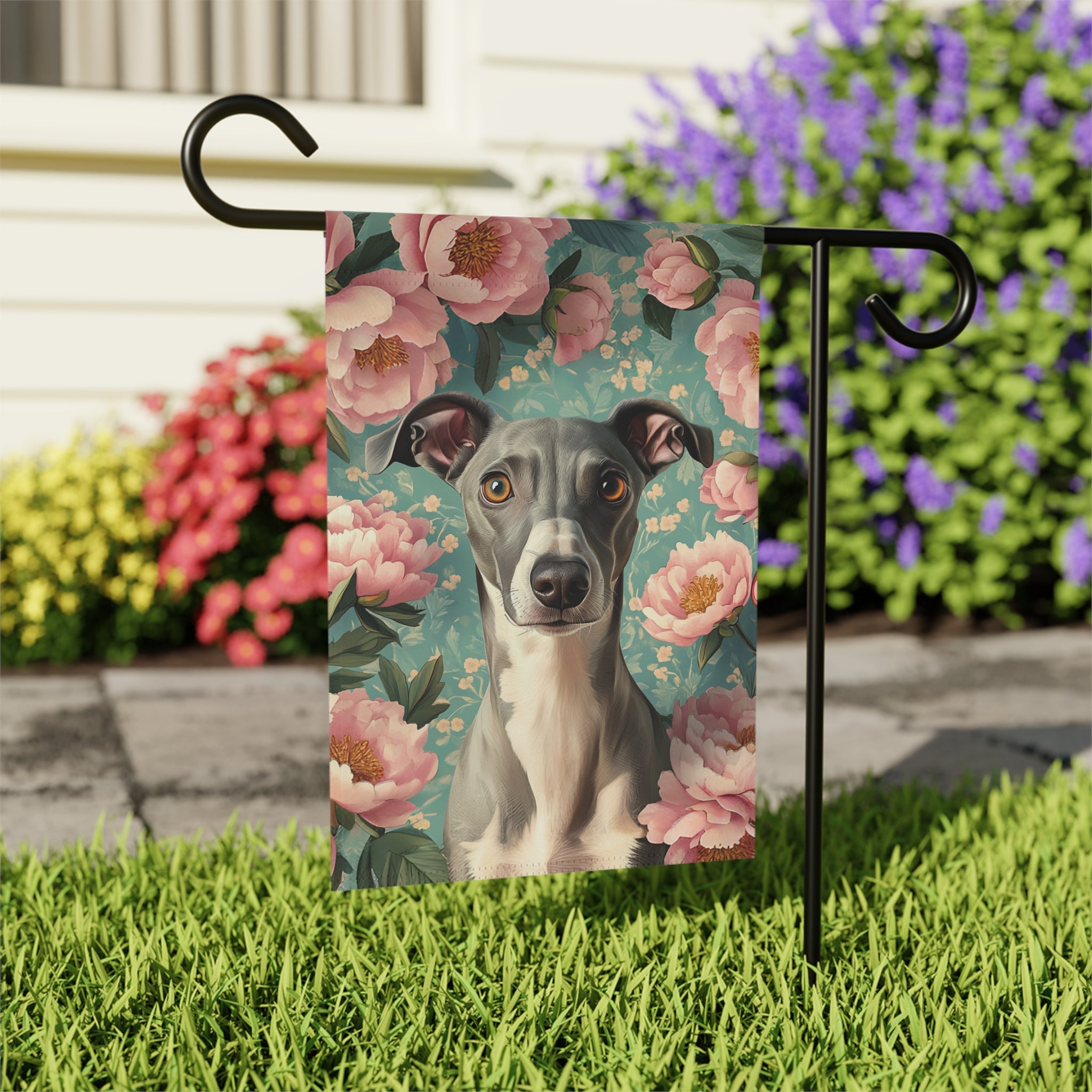 Pink Peony Greyhound Garden Flag - outdoor display - Dragonfire Gardens