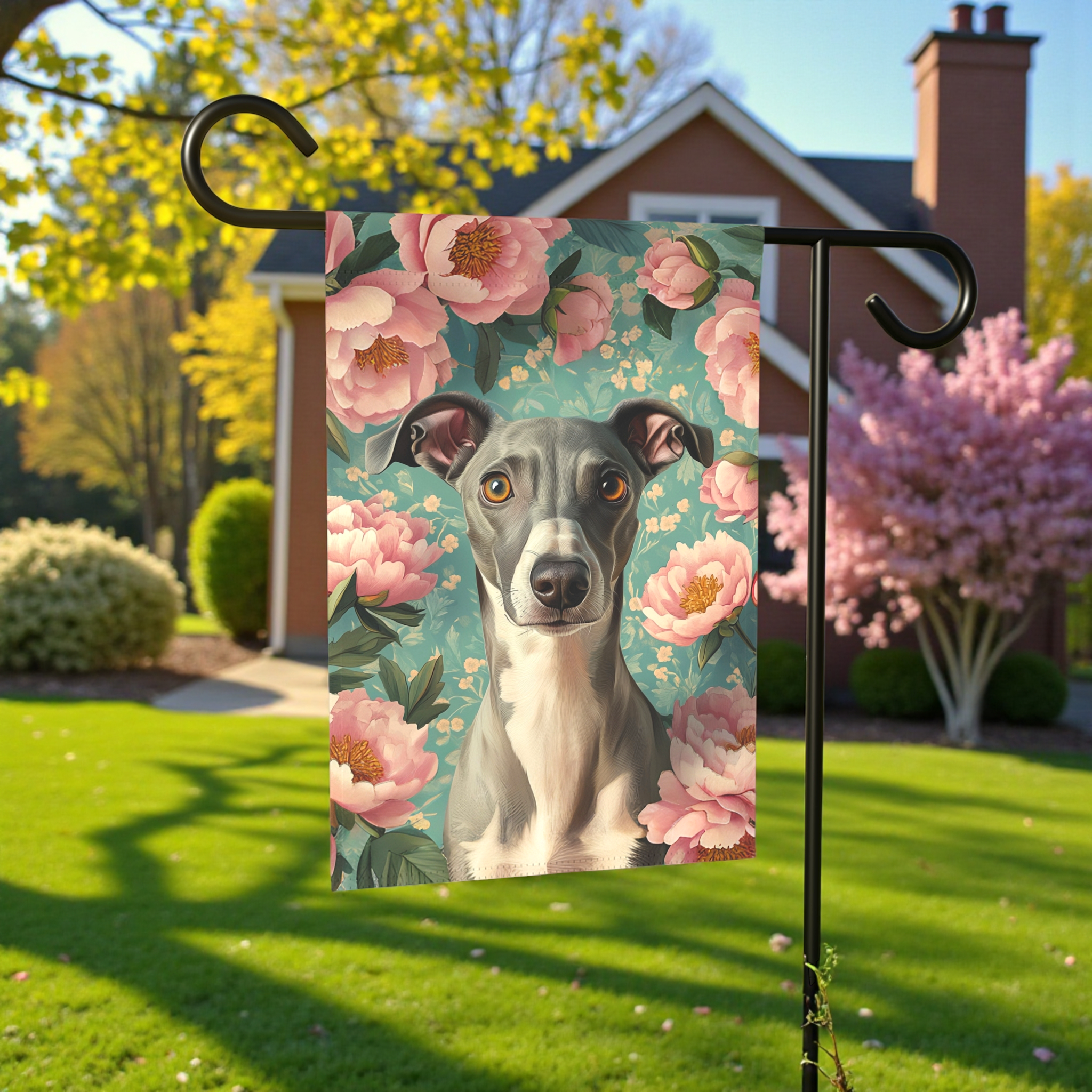 Pink Peony Greyhound Garden Flag - front view - Dragonfire Gardens