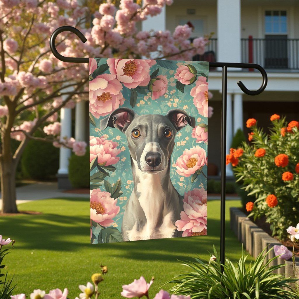 Pink Peony Greyhound Garden Flag - lifestyle display - Dragonfire Gardens