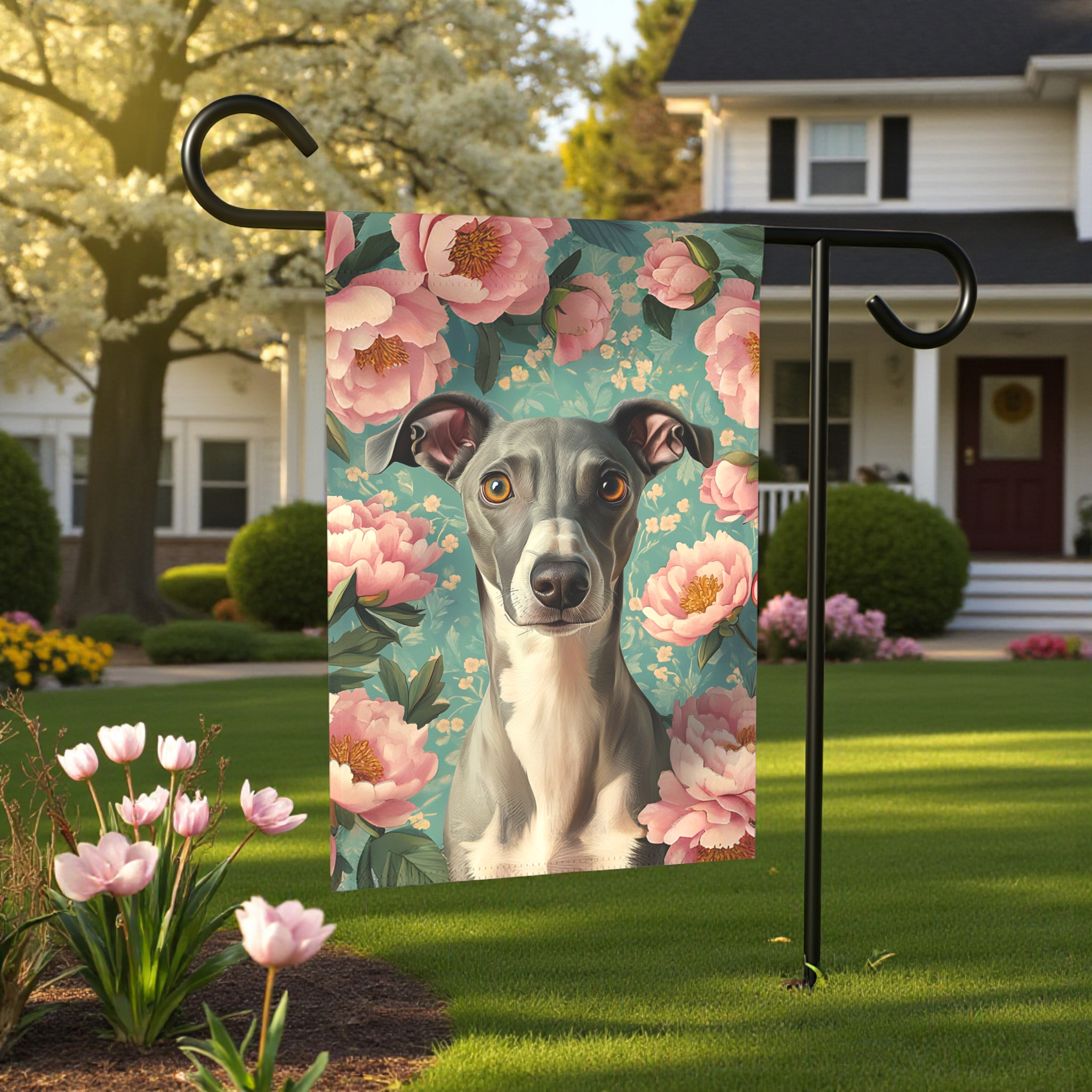 Pink Peony Greyhound Garden Flag - size comparison - Dragonfire Gardens