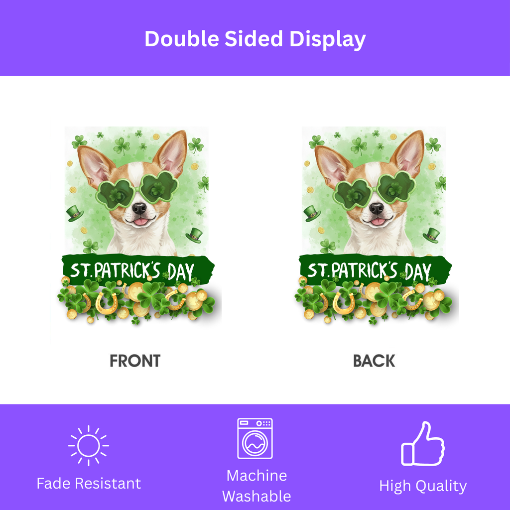 St. Patrick's Clover Glasses Short Haired Chihuahua Garden Flag - double-sided design - Dragonfire Gardens