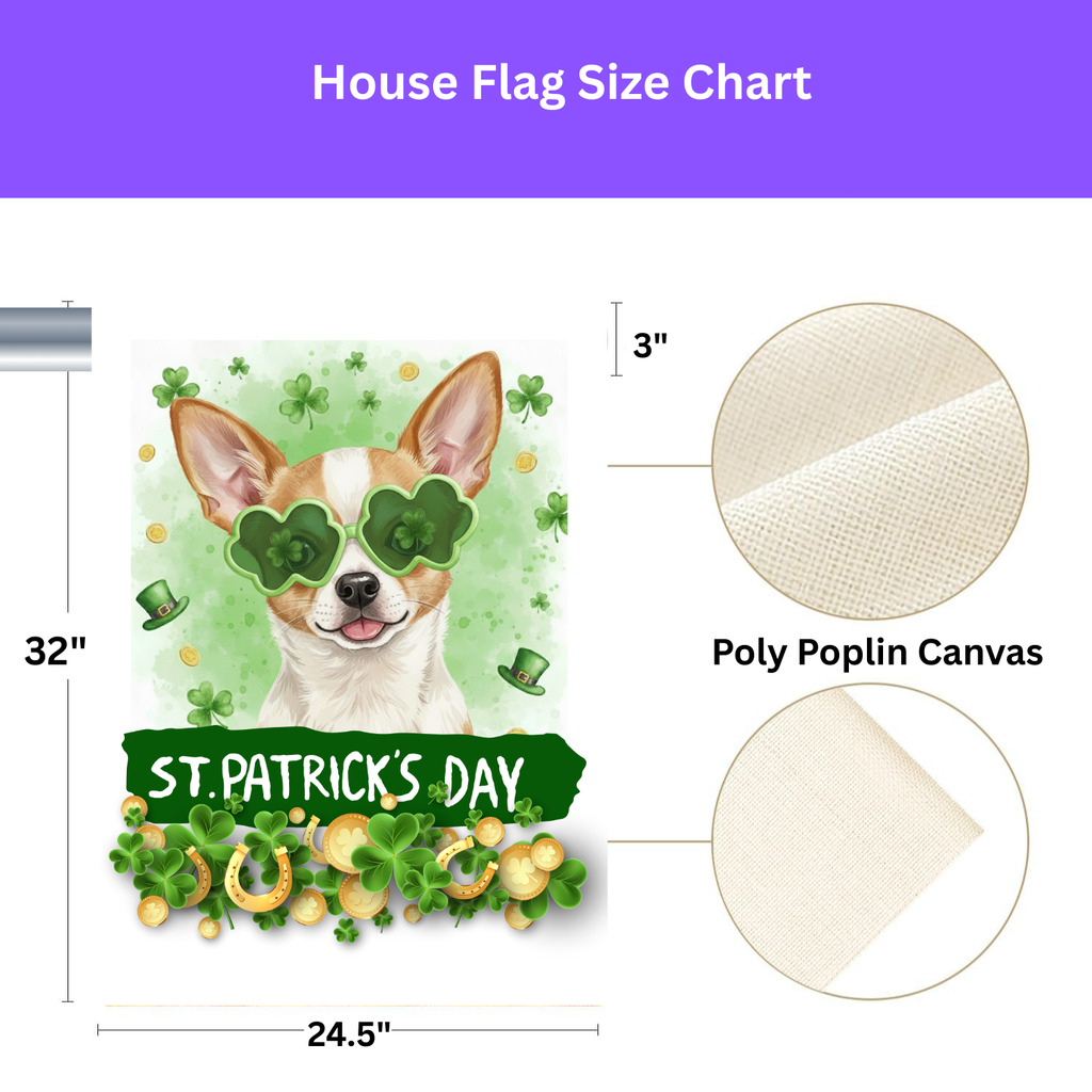 St. Patrick's Clover Glasses Short Haired Chihuahua Garden Flag - yard display - Dragonfire Gardens