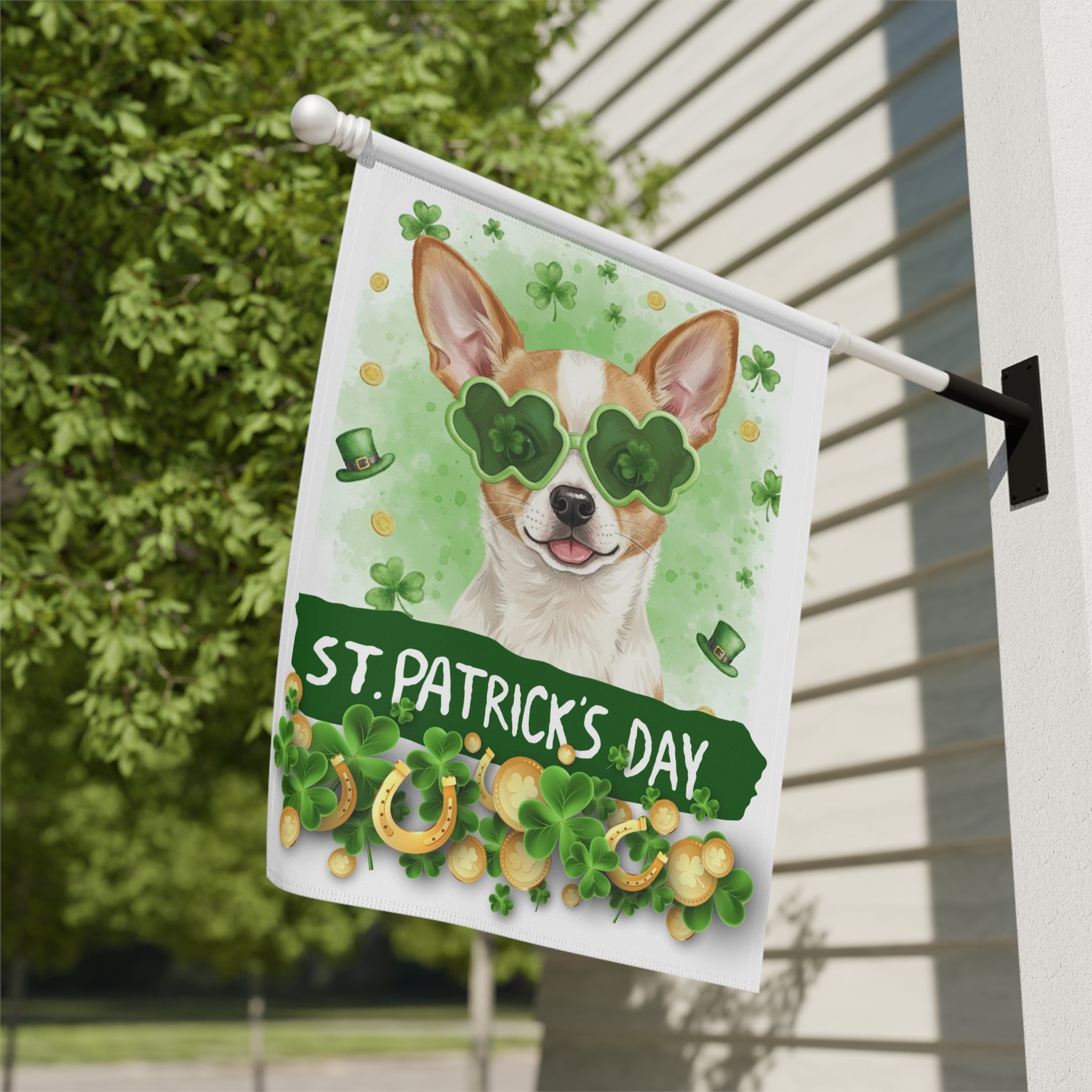 St. Patrick's Clover Glasses Short Haired Chihuahua Garden Flag - close-up detail - Dragonfire Gardens
