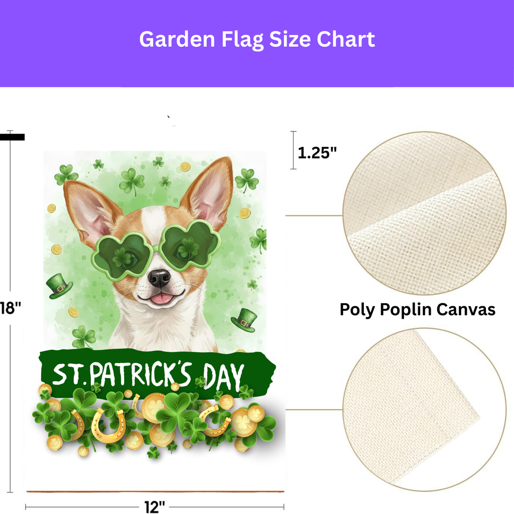 St. Patrick's Clover Glasses Short Haired Chihuahua Garden Flag - porch decor - Dragonfire Gardens
