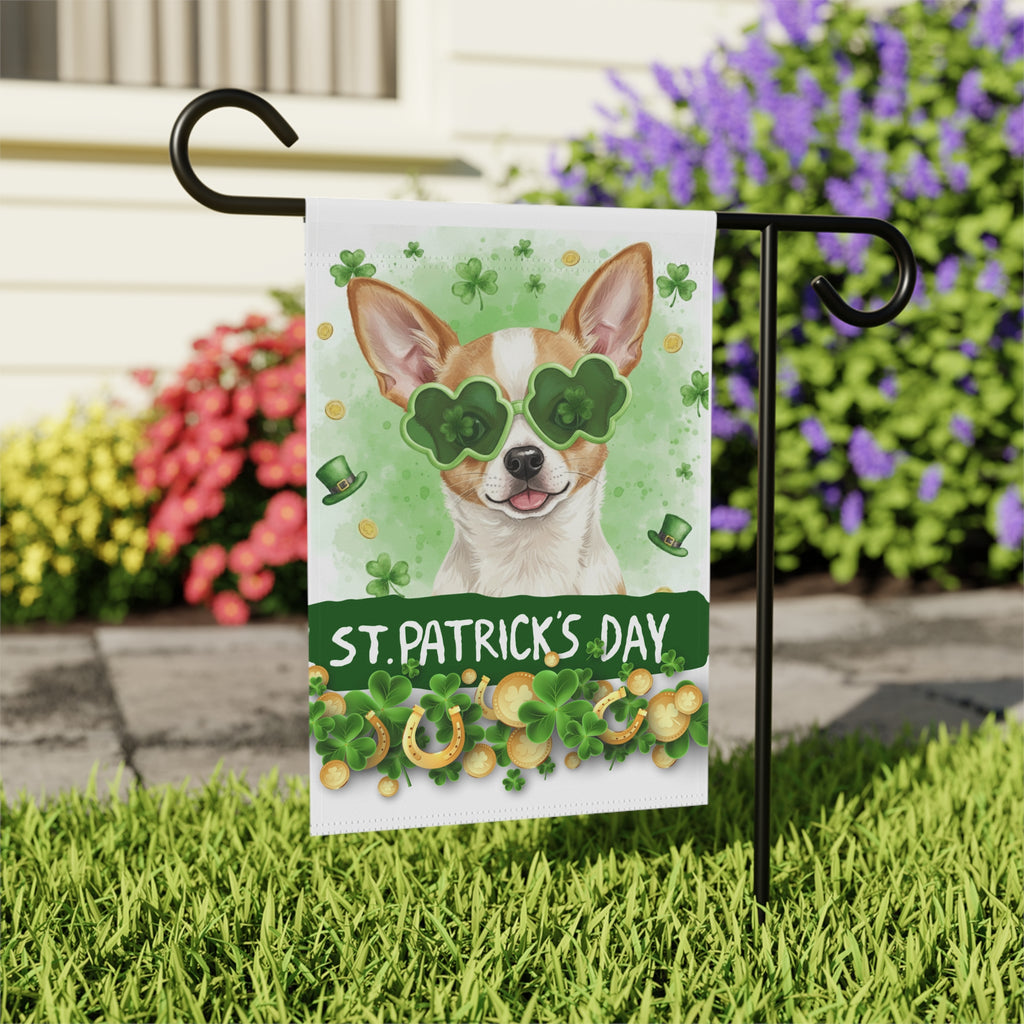 St. Patrick's Clover Glasses Short Haired Chihuahua Garden Flag - outdoor display - Dragonfire Gardens