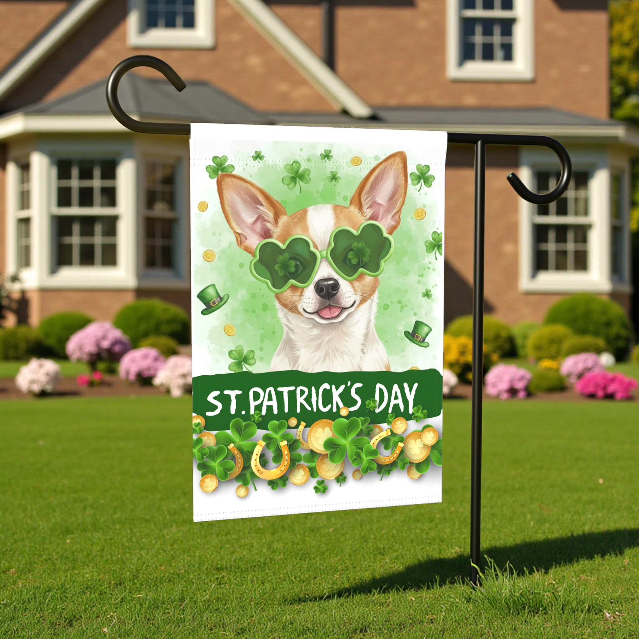 St. Patrick's Clover Glasses Short Haired Chihuahua Garden Flag - size comparison - Dragonfire Gardens