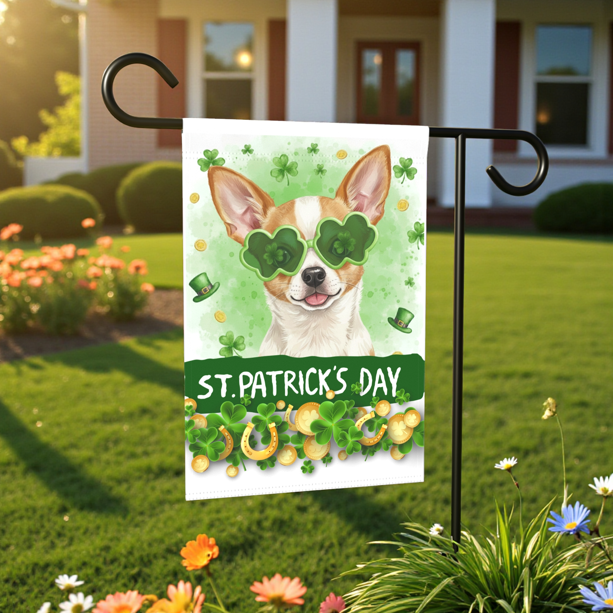 St. Patrick's Clover Glasses Short Haired Chihuahua Garden Flag - front view - Dragonfire Gardens