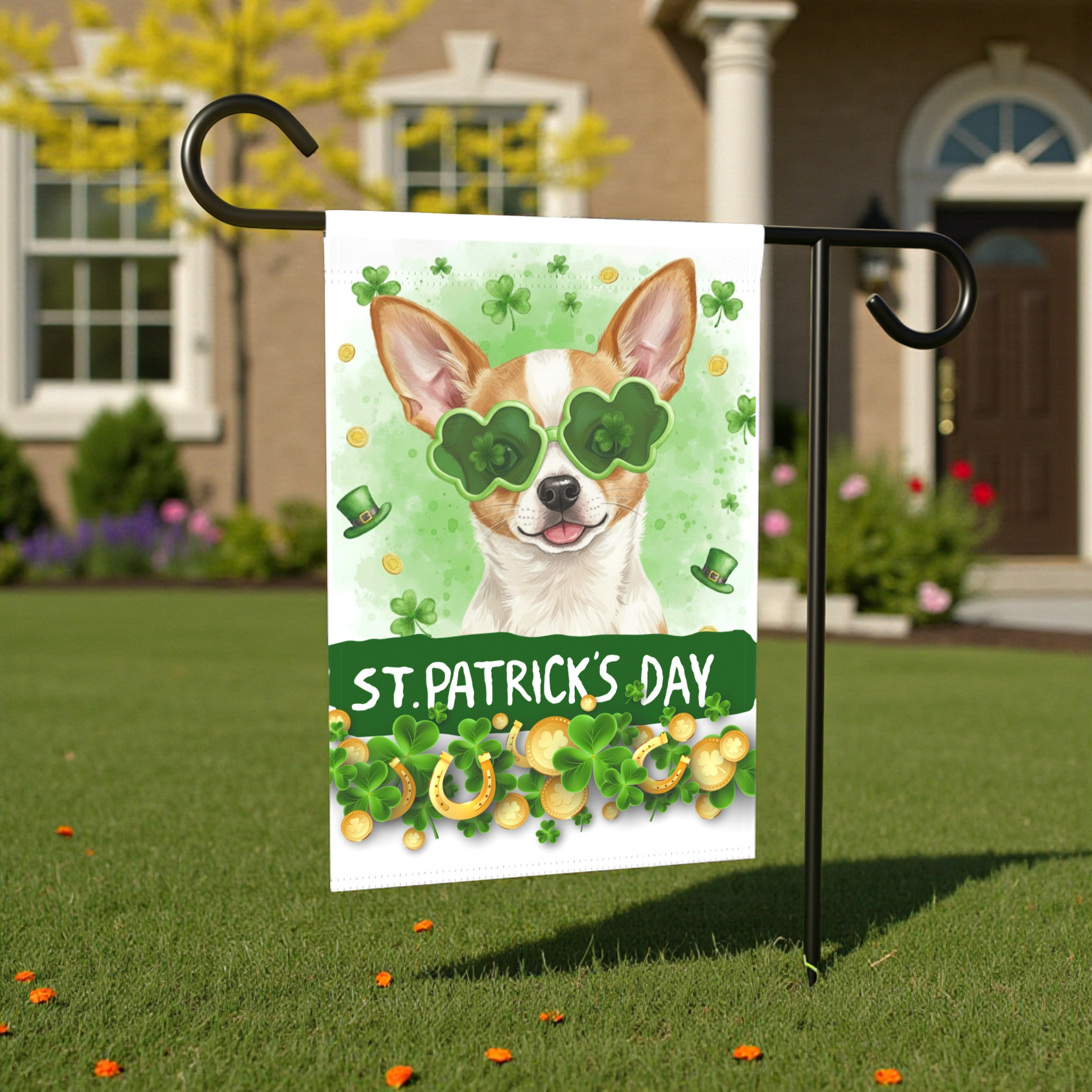 St. Patrick's Clover Glasses Short Haired Chihuahua Garden Flag - lifestyle display - Dragonfire Gardens