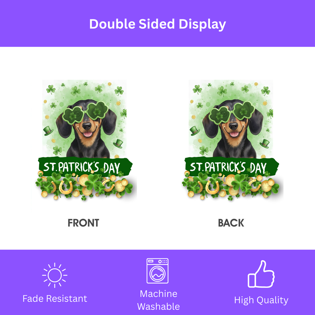 St. Patrick's Clover Glasses Dachshund Garden Flag - double-sided design - Dragonfire Gardens