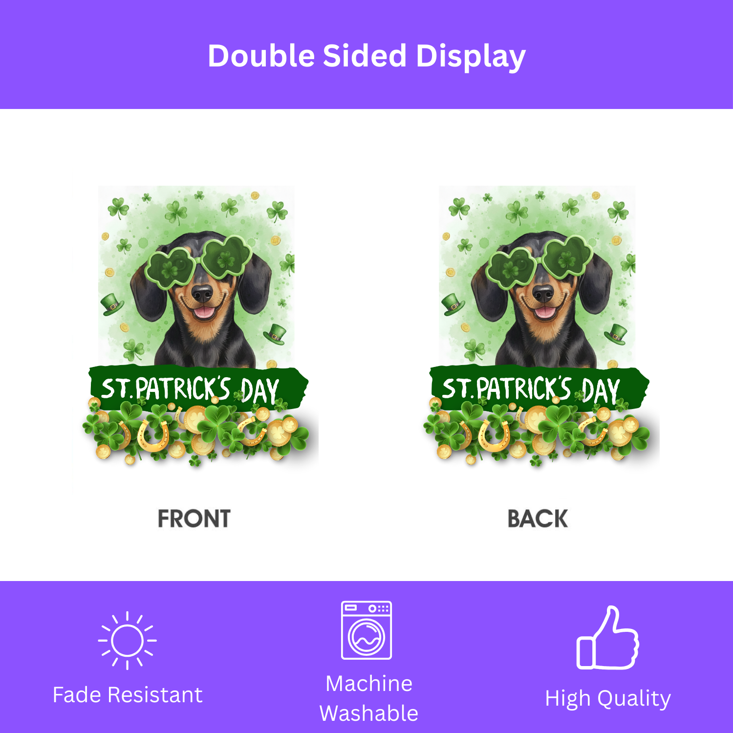 St. Patrick's Clover Glasses Dachshund Garden Flag - double-sided design - Dragonfire Gardens