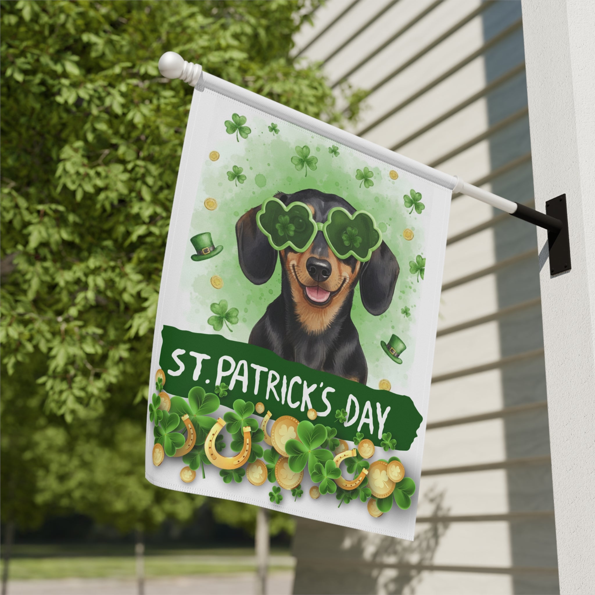St. Patrick's Clover Glasses Dachshund Garden Flag - close-up detail - Dragonfire Gardens