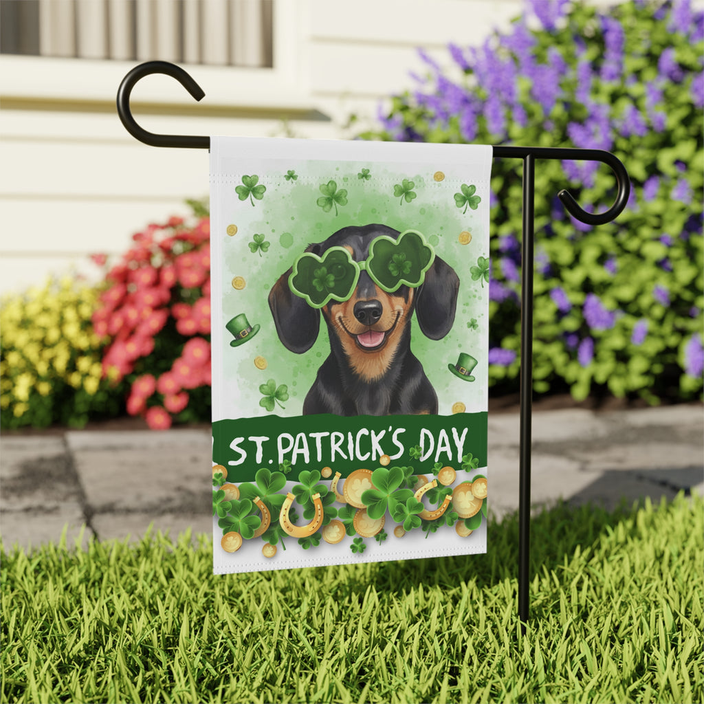 St. Patrick's Clover Glasses Dachshund Garden Flag - outdoor display - Dragonfire Gardens