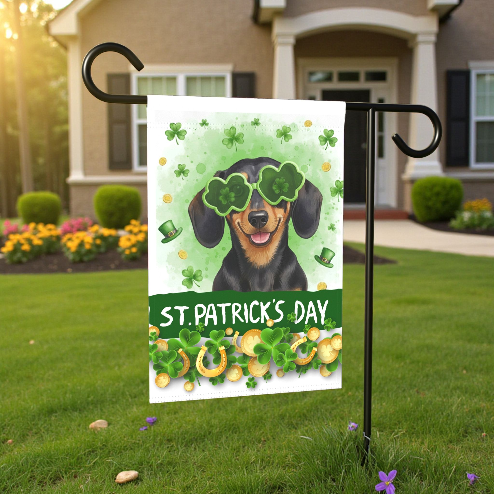 St. Patrick's Clover Glasses Dachshund Garden Flag - size comparison - Dragonfire Gardens
