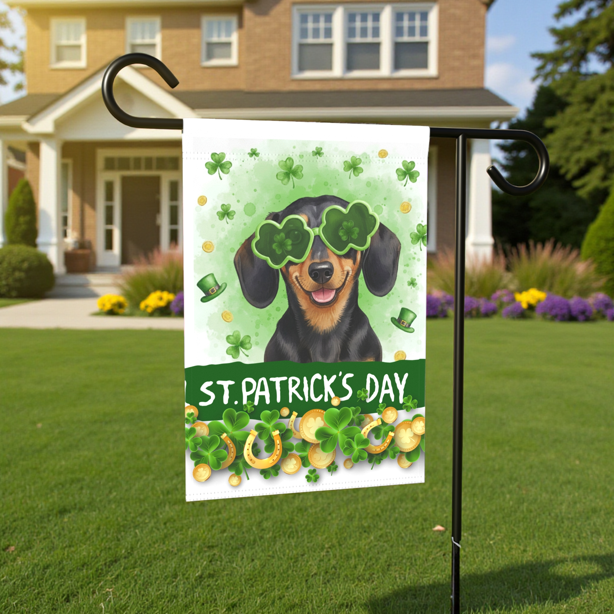 St. Patrick's Clover Glasses Dachshund Garden Flag - lifestyle display - Dragonfire Gardens