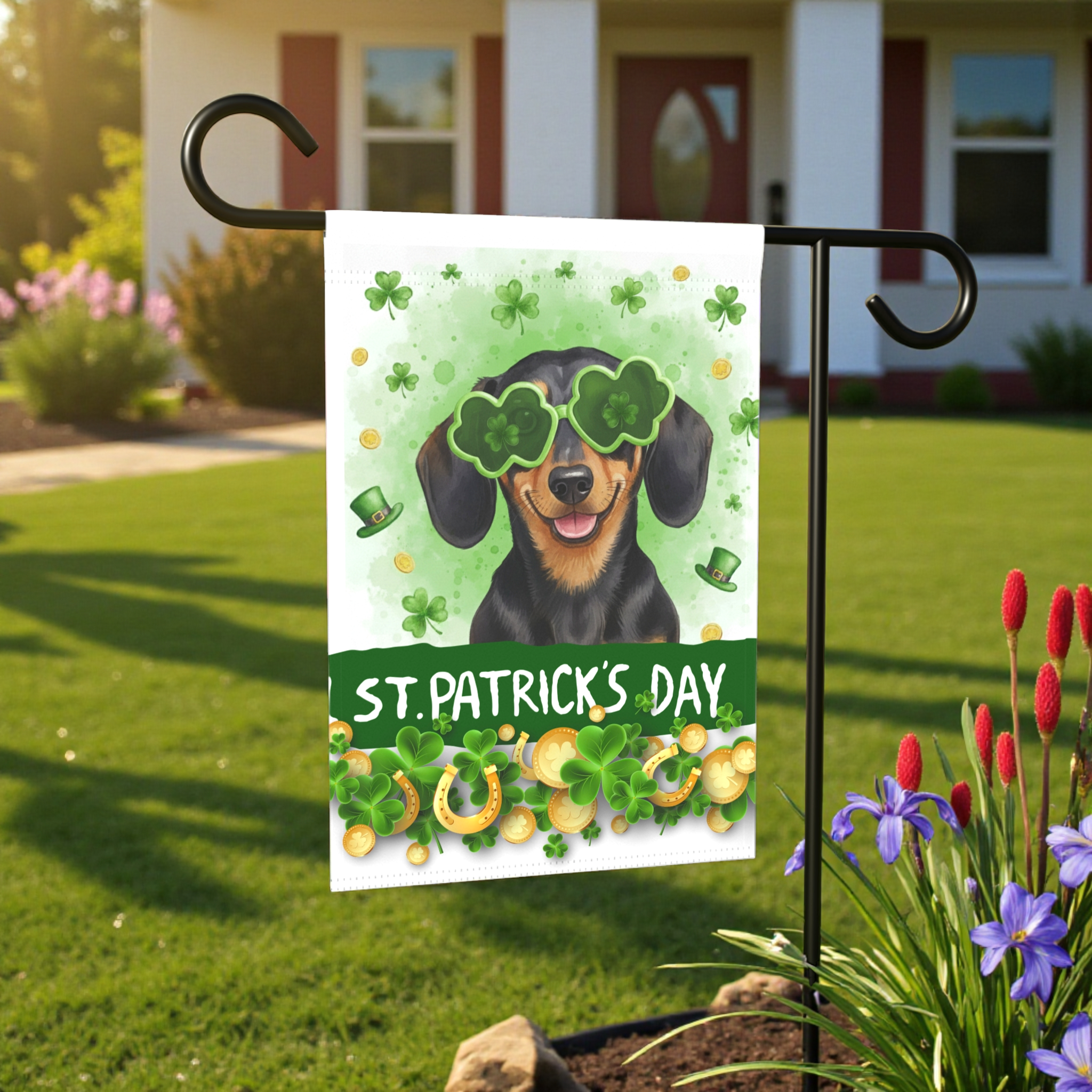 St. Patrick's Clover Glasses Dachshund Garden Flag - front view - Dragonfire Gardens