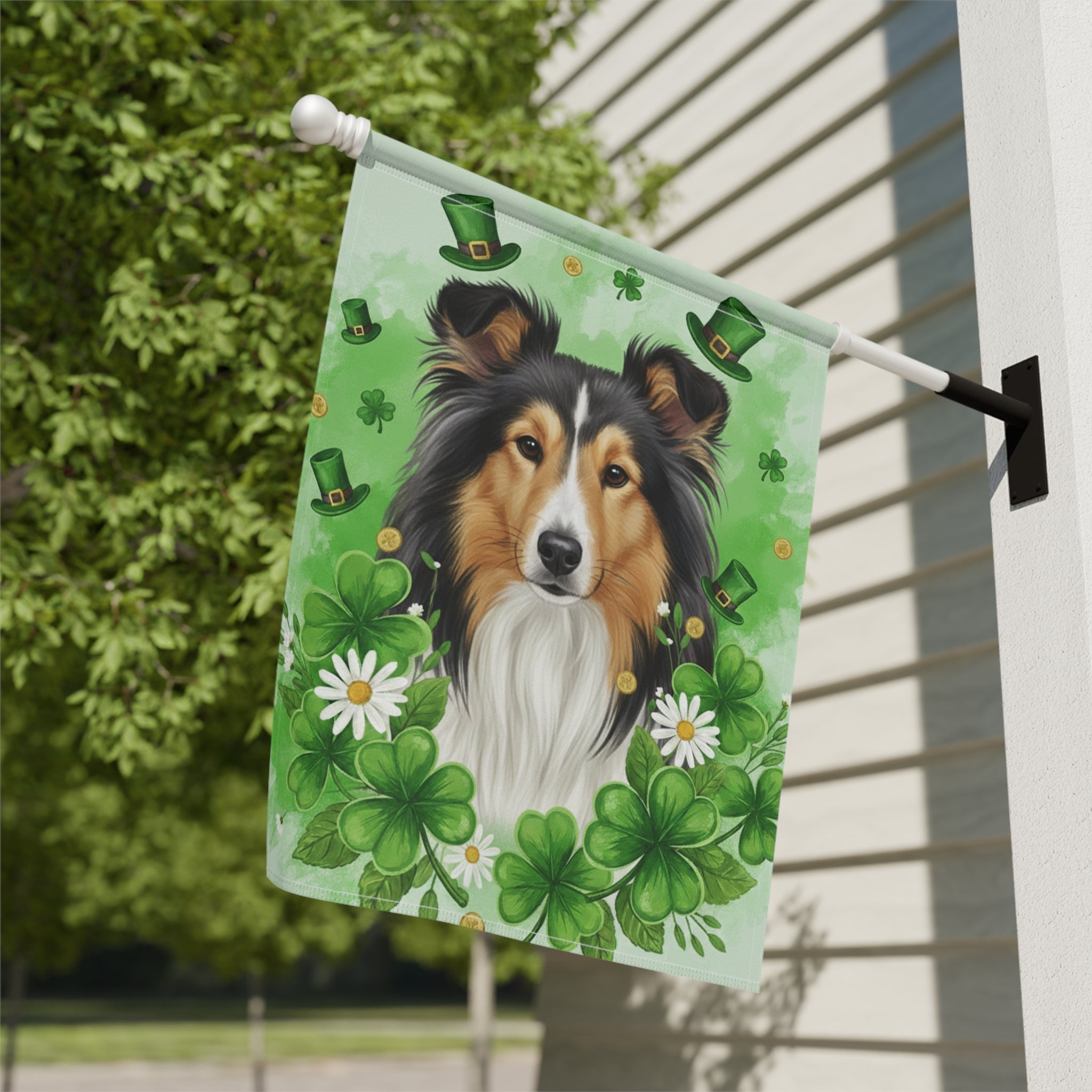 Shamrock and Sheltie St. Patrick's Day Garden Flag - close-up detail - Dragonfire Gardens