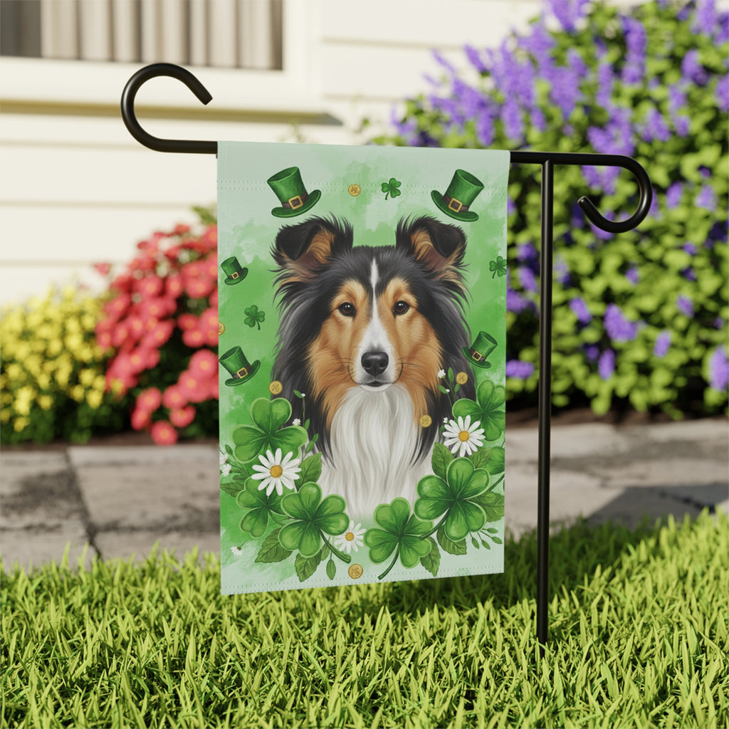 Shamrock and Sheltie St. Patrick's Day Garden Flag - outdoor display - Dragonfire Gardens
