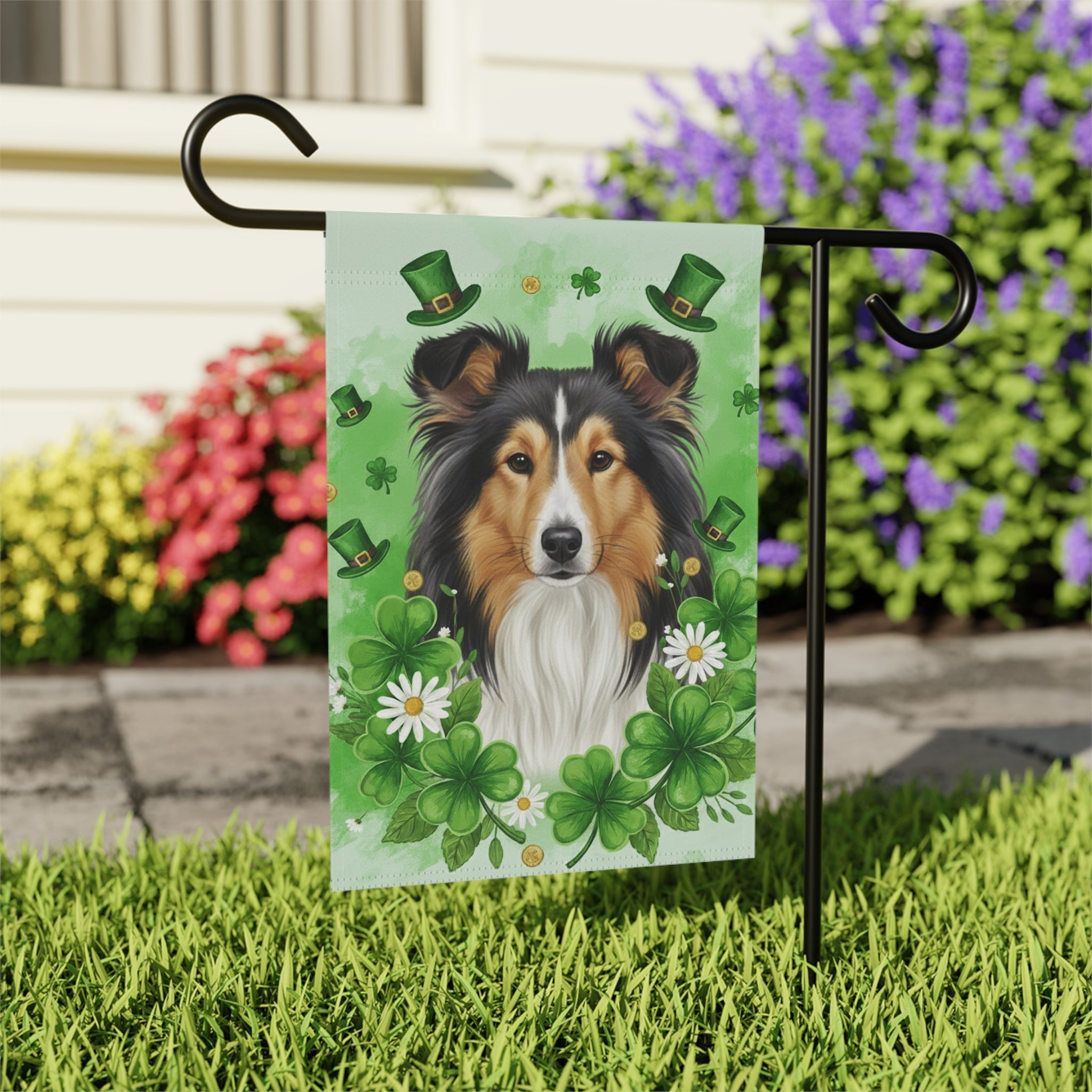 Shamrock and Sheltie St. Patrick's Day Garden Flag - outdoor display - Dragonfire Gardens