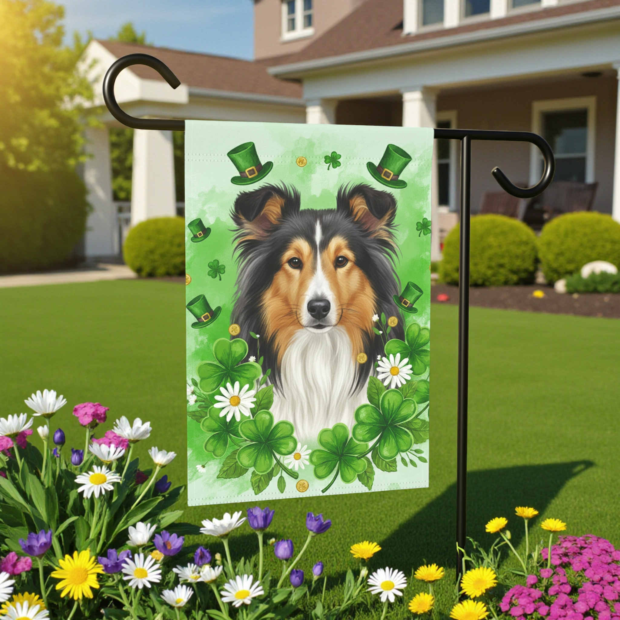 Shamrock and Sheltie St. Patrick's Day Garden Flag - lifestyle display - Dragonfire Gardens