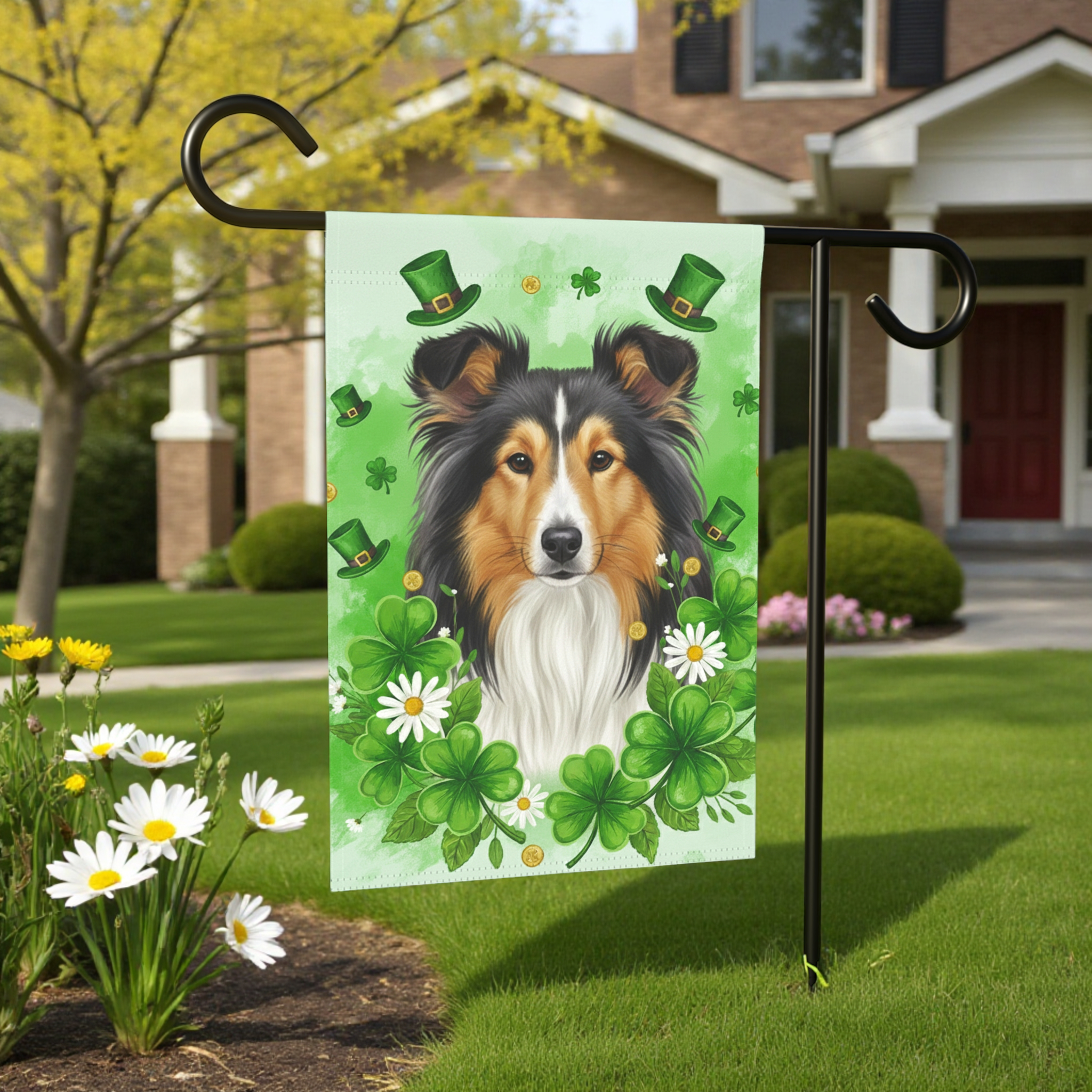 Shamrock and Sheltie St. Patrick's Day Garden Flag - size comparison - Dragonfire Gardens