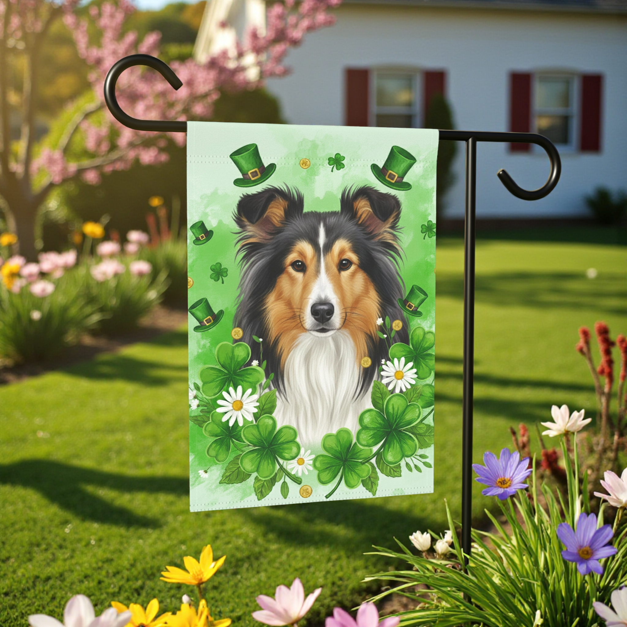 Shamrock and Sheltie St. Patrick's Day Garden Flag - front view - Dragonfire Gardens