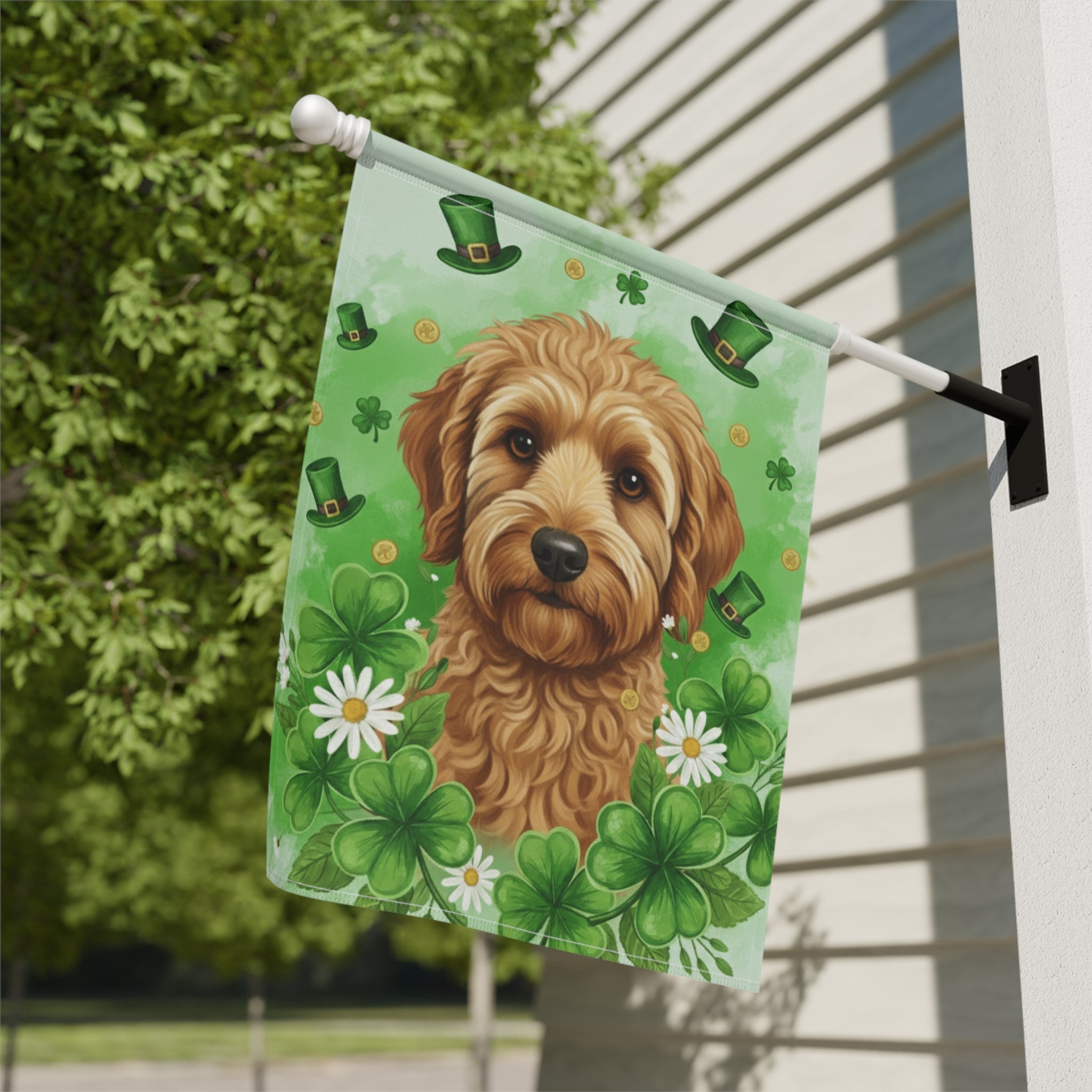 Shamrocks and Golden Noodle St. Patricks Day Garden Flag - close-up detail - Dragonfire Gardens