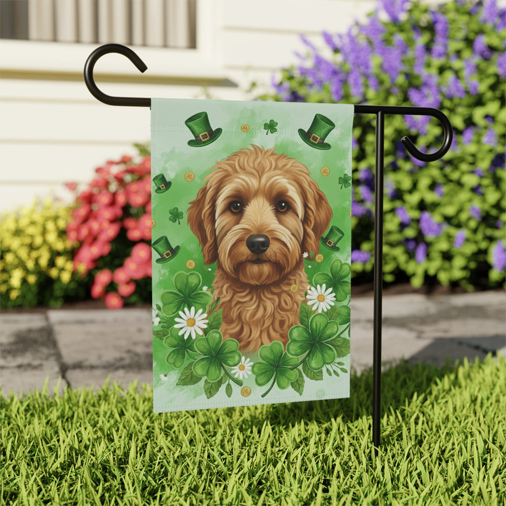 Shamrocks and Golden Noodle St. Patricks Day Garden Flag - outdoor display - Dragonfire Gardens