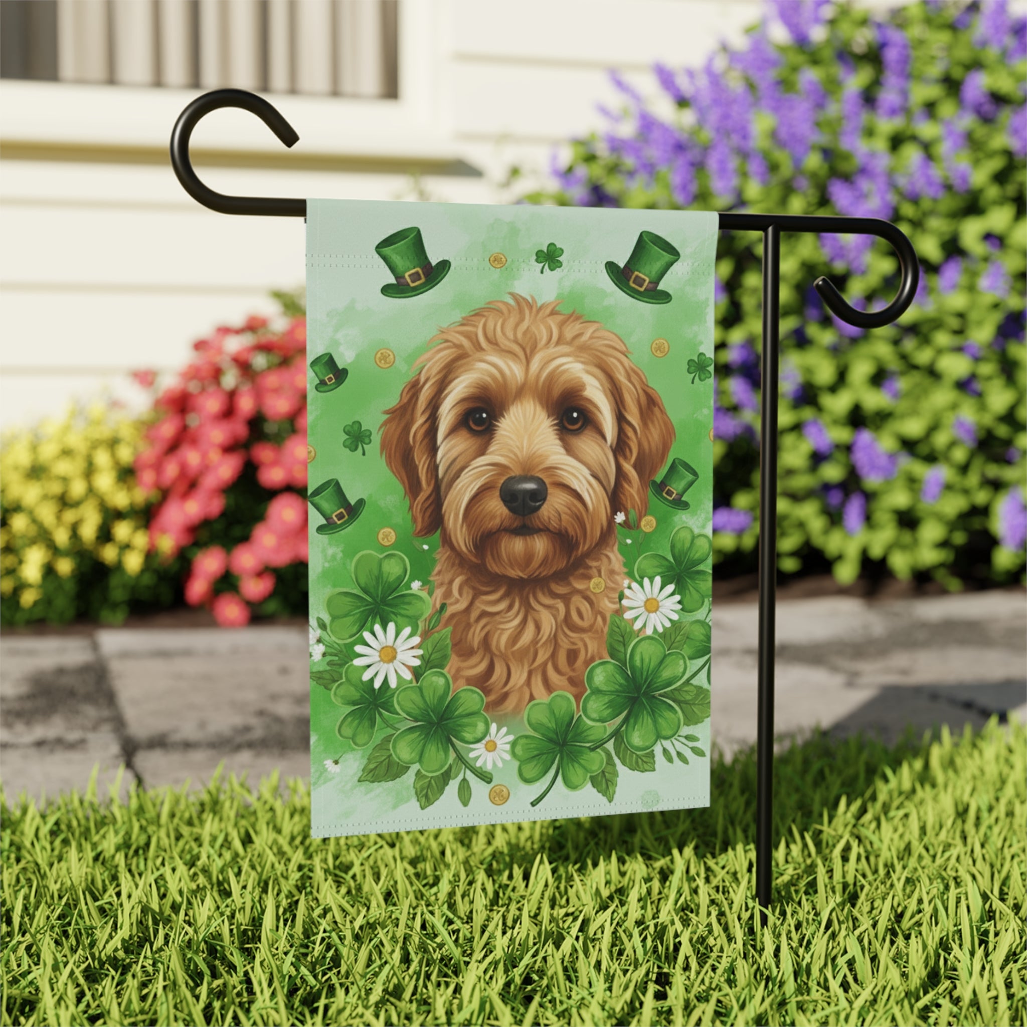 Shamrocks and Golden Noodle St. Patricks Day Garden Flag - outdoor display - Dragonfire Gardens
