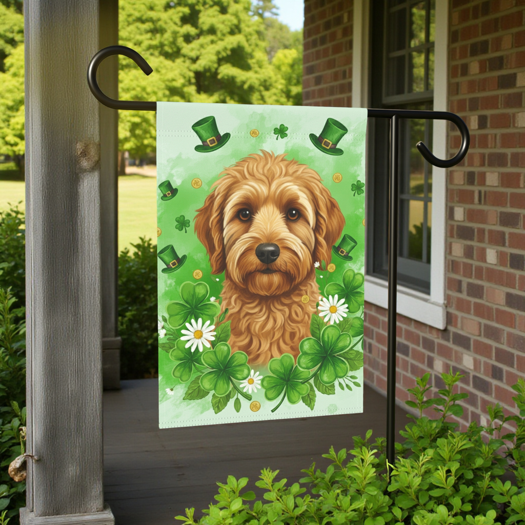 Shamrocks and Golden Noodle St. Patricks Day Garden Flag - size comparison - Dragonfire Gardens