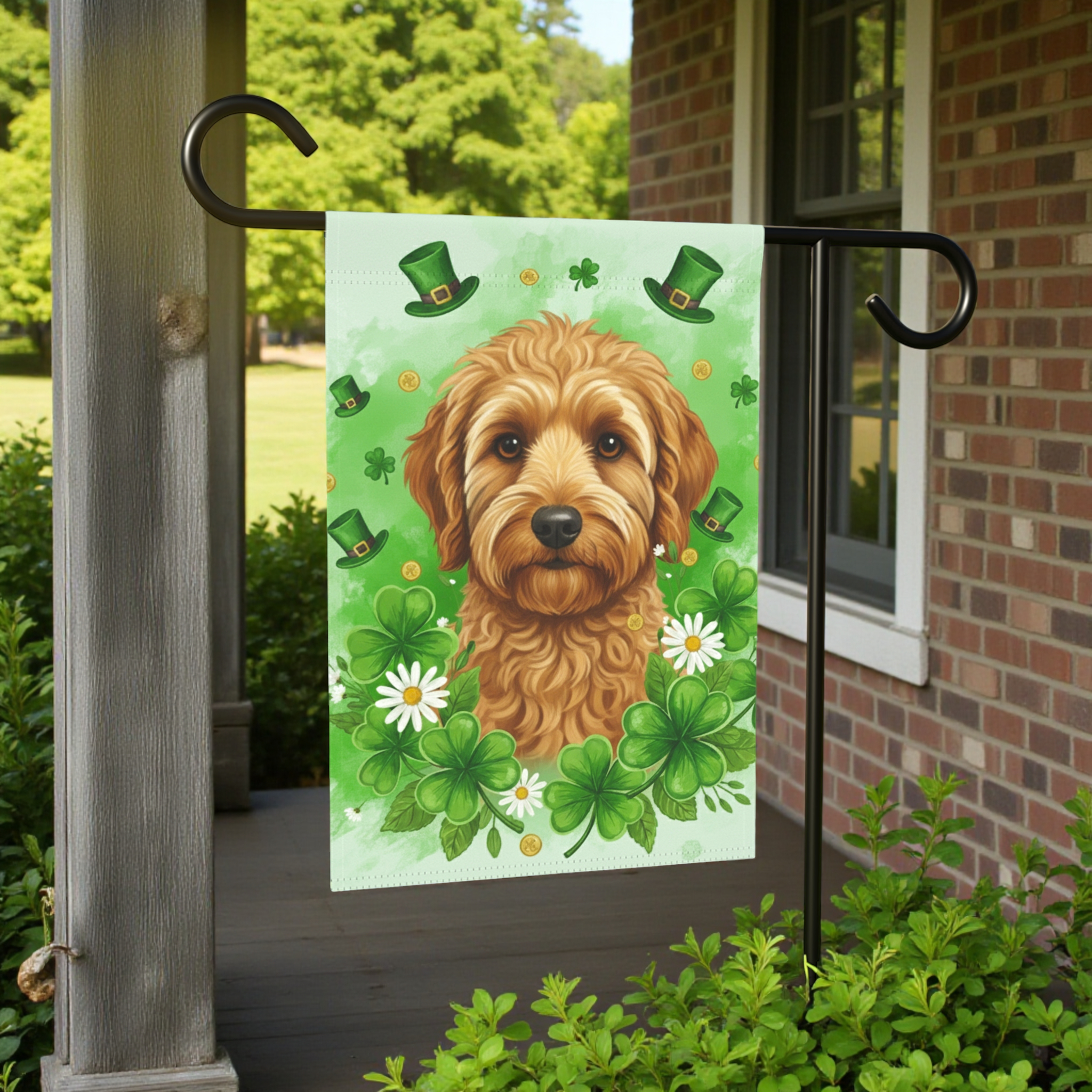 Shamrocks and Golden Noodle St. Patricks Day Garden Flag - size comparison - Dragonfire Gardens