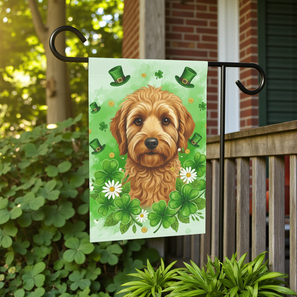 Shamrocks and Golden Noodle St. Patricks Day Garden Flag - front view - Dragonfire Gardens