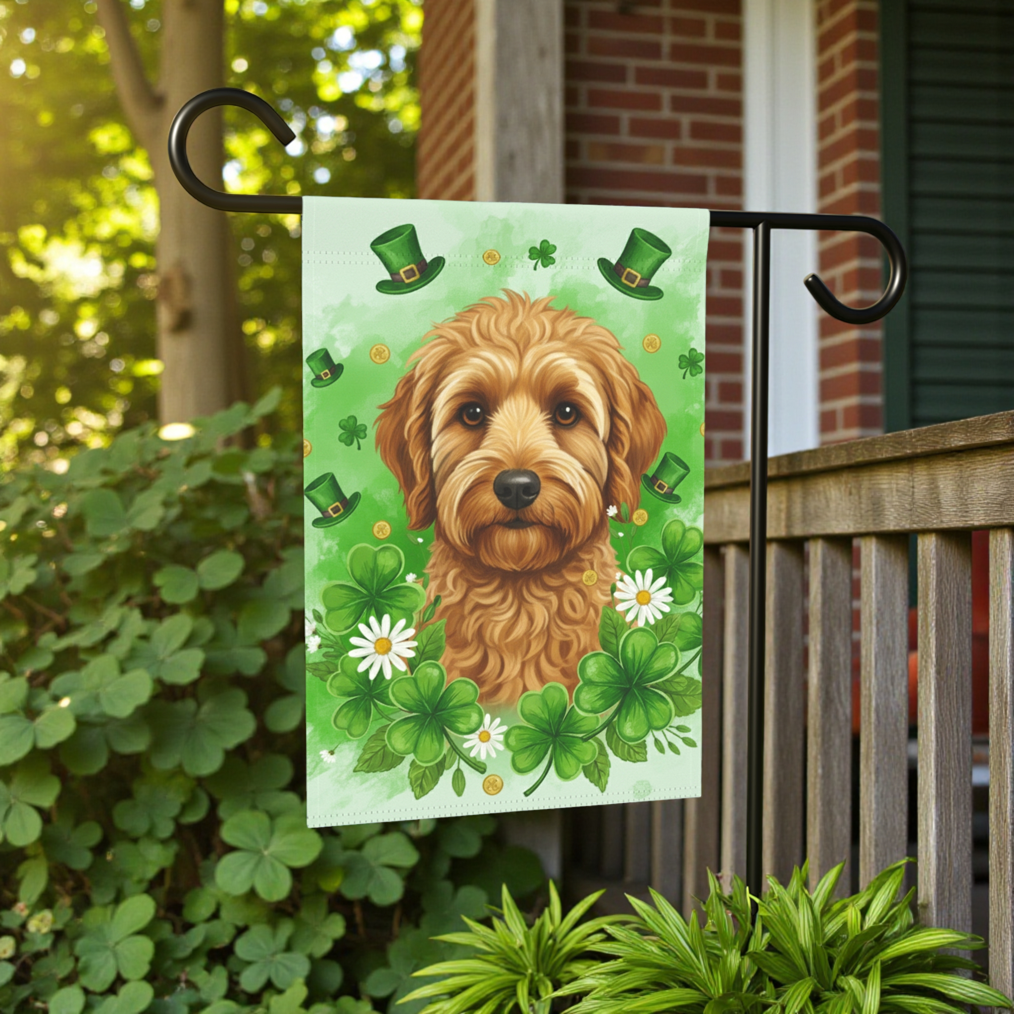 Shamrocks and Golden Noodle St. Patricks Day Garden Flag - front view - Dragonfire Gardens