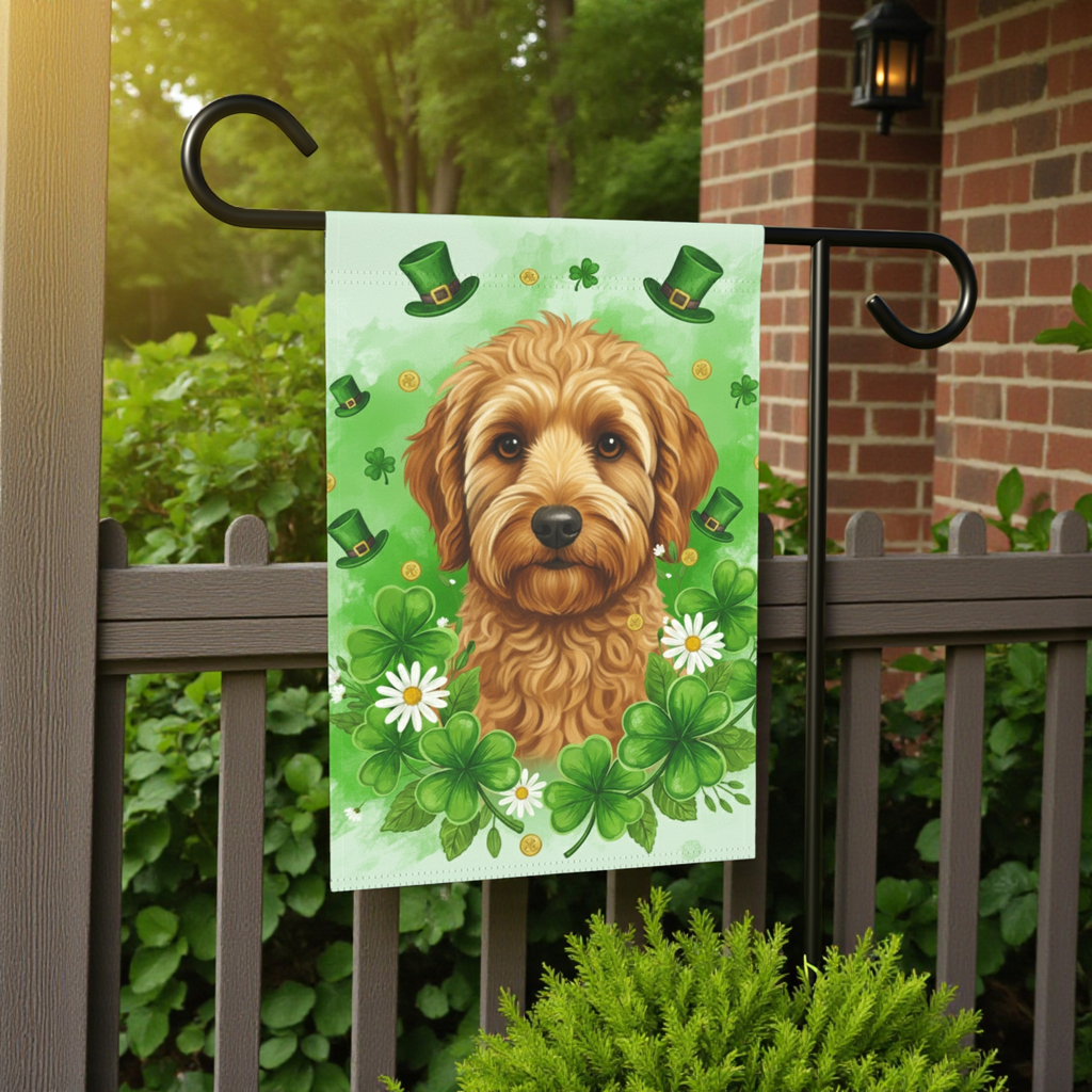 Shamrocks and Golden Noodle St. Patricks Day Garden Flag - lifestyle display - Dragonfire Gardens