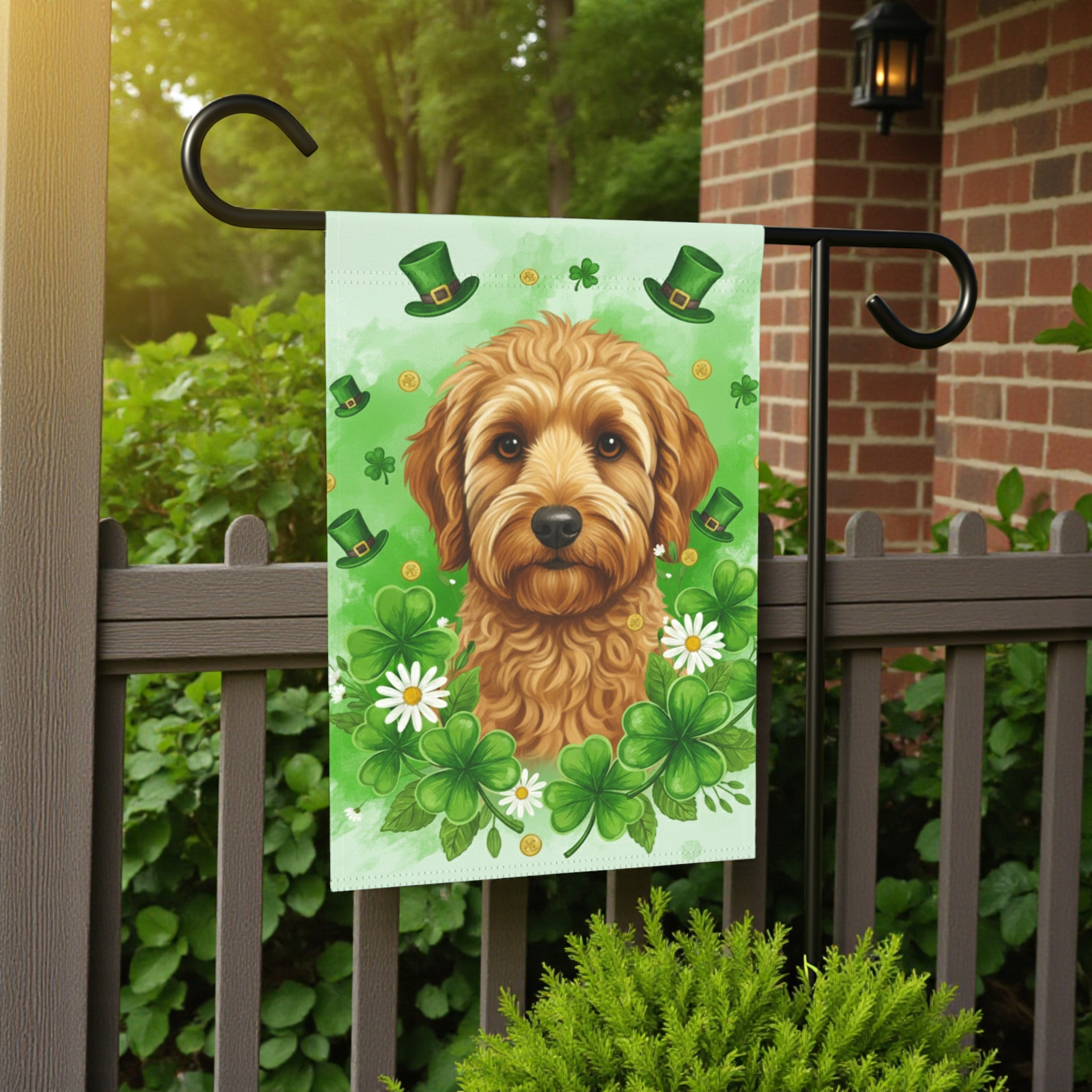 Shamrocks and Golden Noodle St. Patricks Day Garden Flag - lifestyle display - Dragonfire Gardens