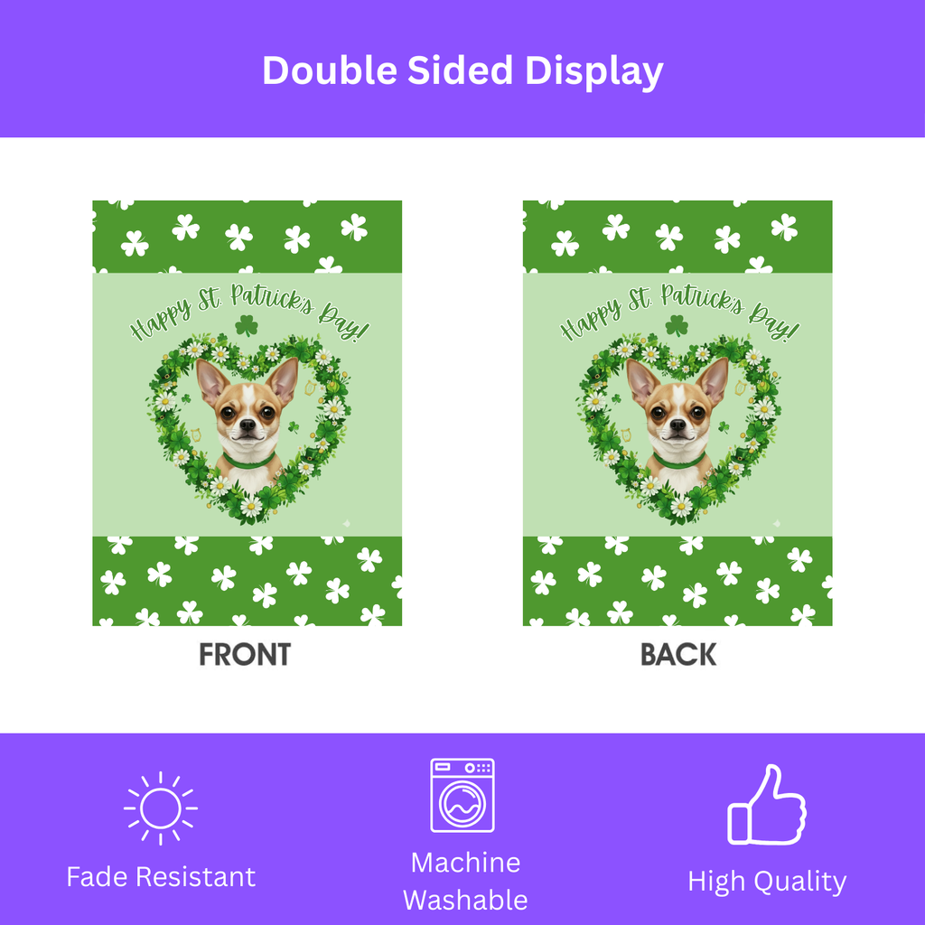 St. Patrick’s Day Shamrock Short Haired Chihuahua Garden Flag - double-sided design - Dragonfire Gardens