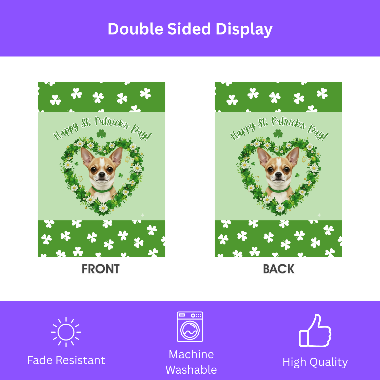 St. Patrick’s Day Shamrock Short Haired Chihuahua Garden Flag - double-sided design - Dragonfire Gardens