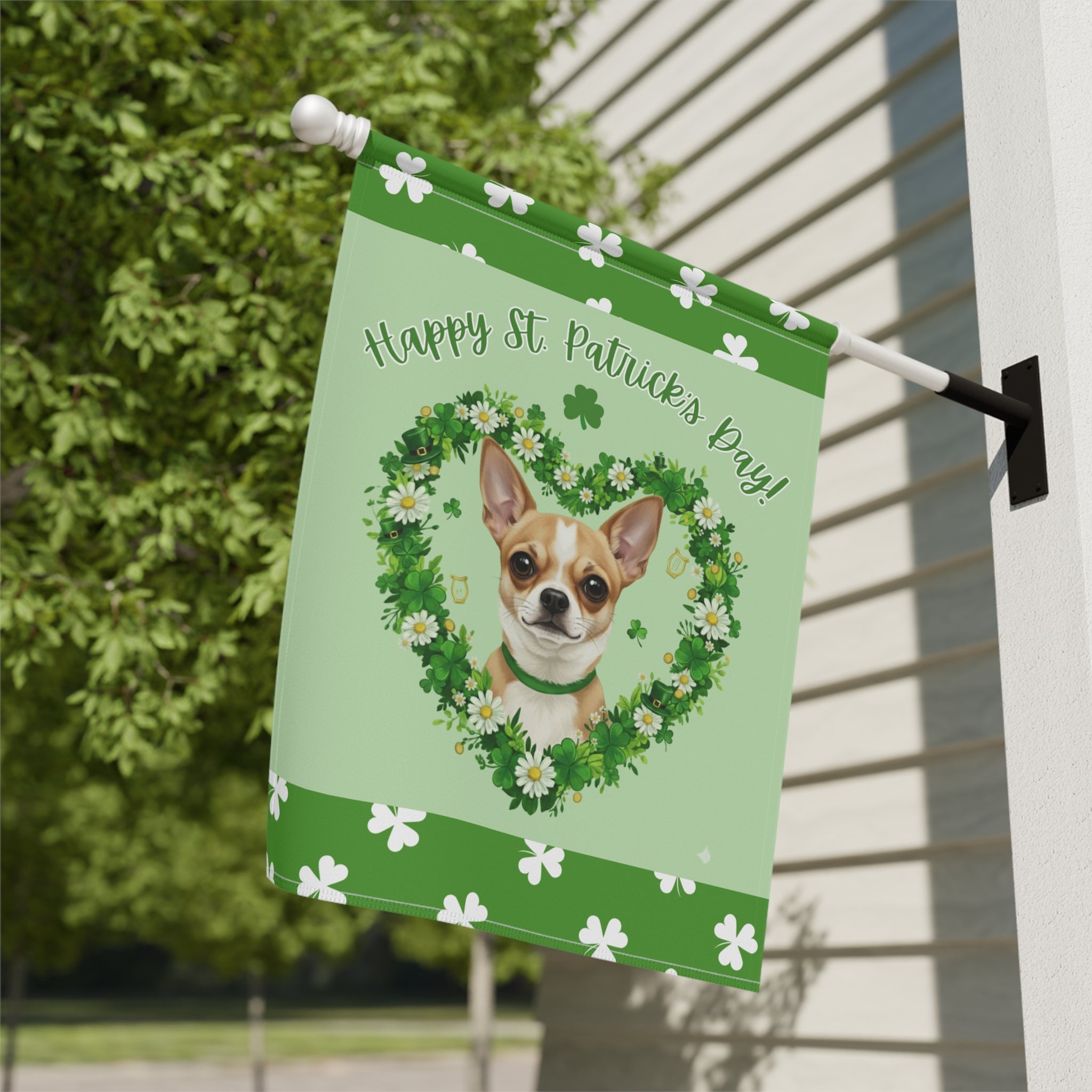St. Patrick’s Day Shamrock Short Haired Chihuahua Garden Flag - close-up detail - Dragonfire Gardens