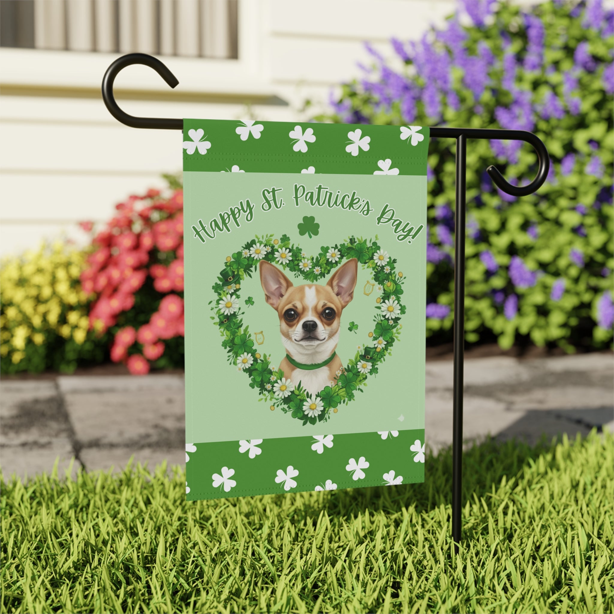 St. Patrick’s Day Shamrock Short Haired Chihuahua Garden Flag - outdoor display - Dragonfire Gardens