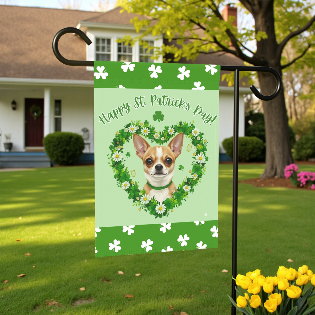 St. Patrick’s Day Shamrock Short Haired Chihuahua Garden Flag - size comparison - Dragonfire Gardens