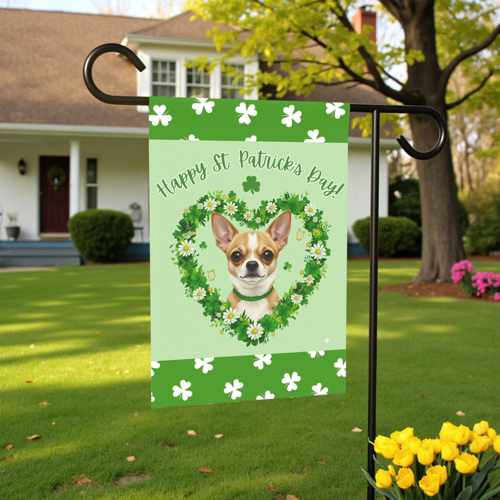 St. Patrick’s Day Shamrock Short Haired Chihuahua Garden Flag - size comparison - Dragonfire Gardens
