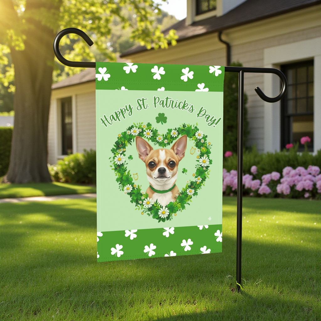 St. Patrick’s Day Shamrock Short Haired Chihuahua Garden Flag - lifestyle display - Dragonfire Gardens