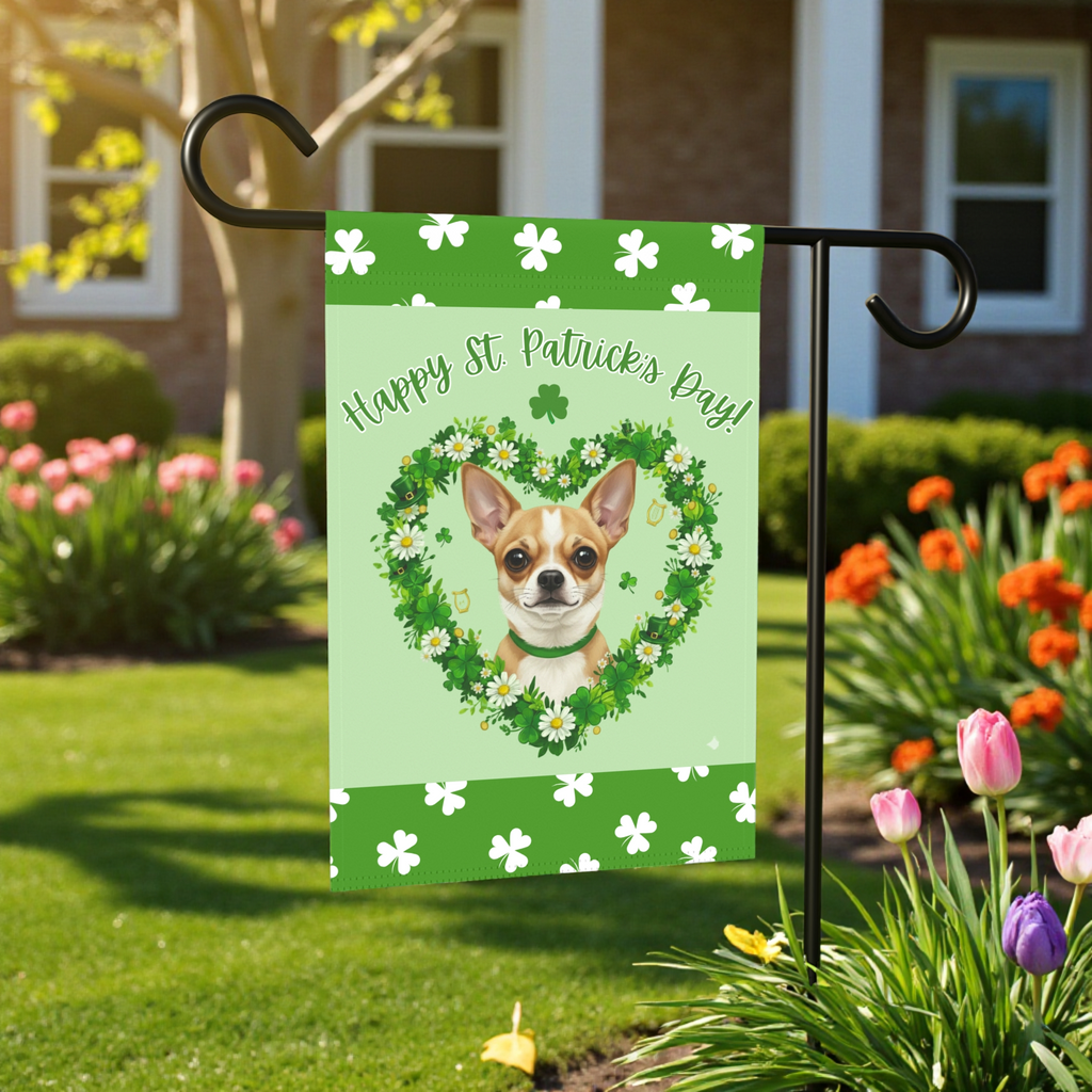 St. Patrick’s Day Shamrock Short Haired Chihuahua Garden Flag - front view - Dragonfire Gardens