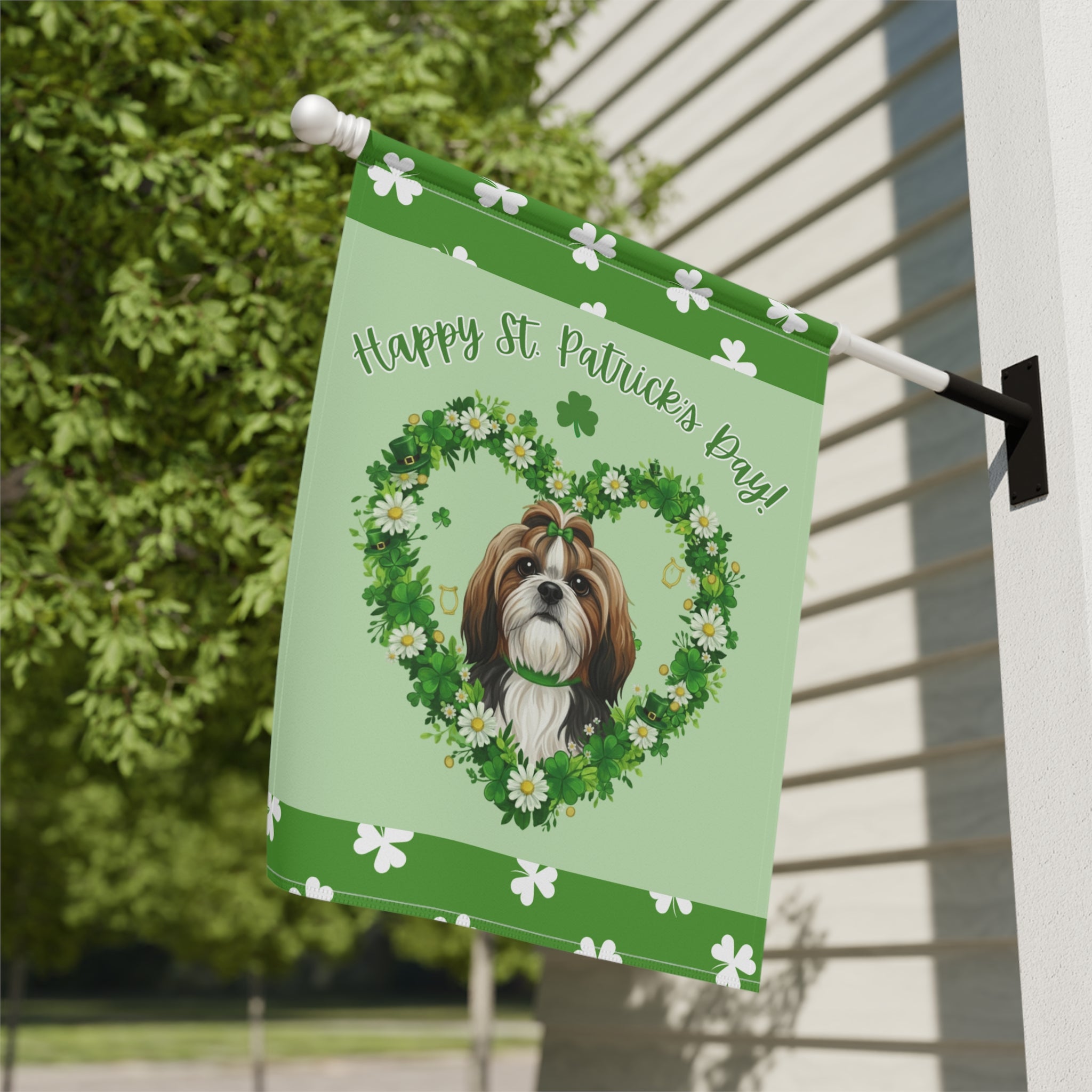 St. Patrick’s Day Shamrock Shih Tzu Garden Flag - close-up detail - Dragonfire Gardens