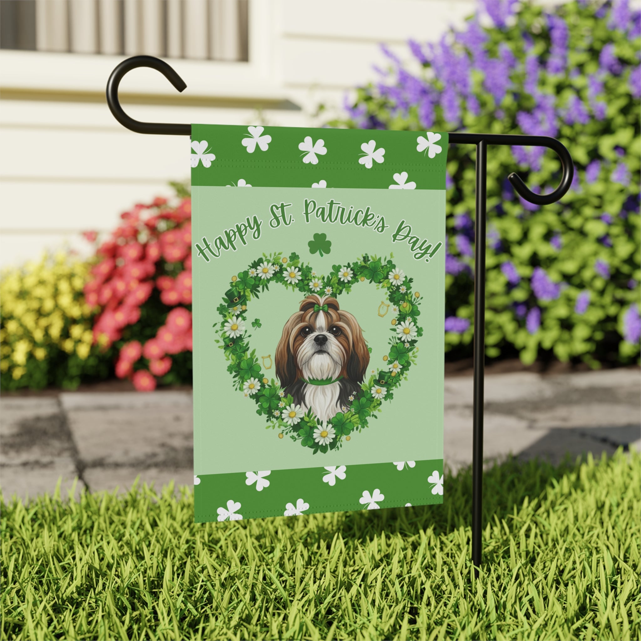 St. Patrick’s Day Shamrock Shih Tzu Garden Flag - outdoor display - Dragonfire Gardens